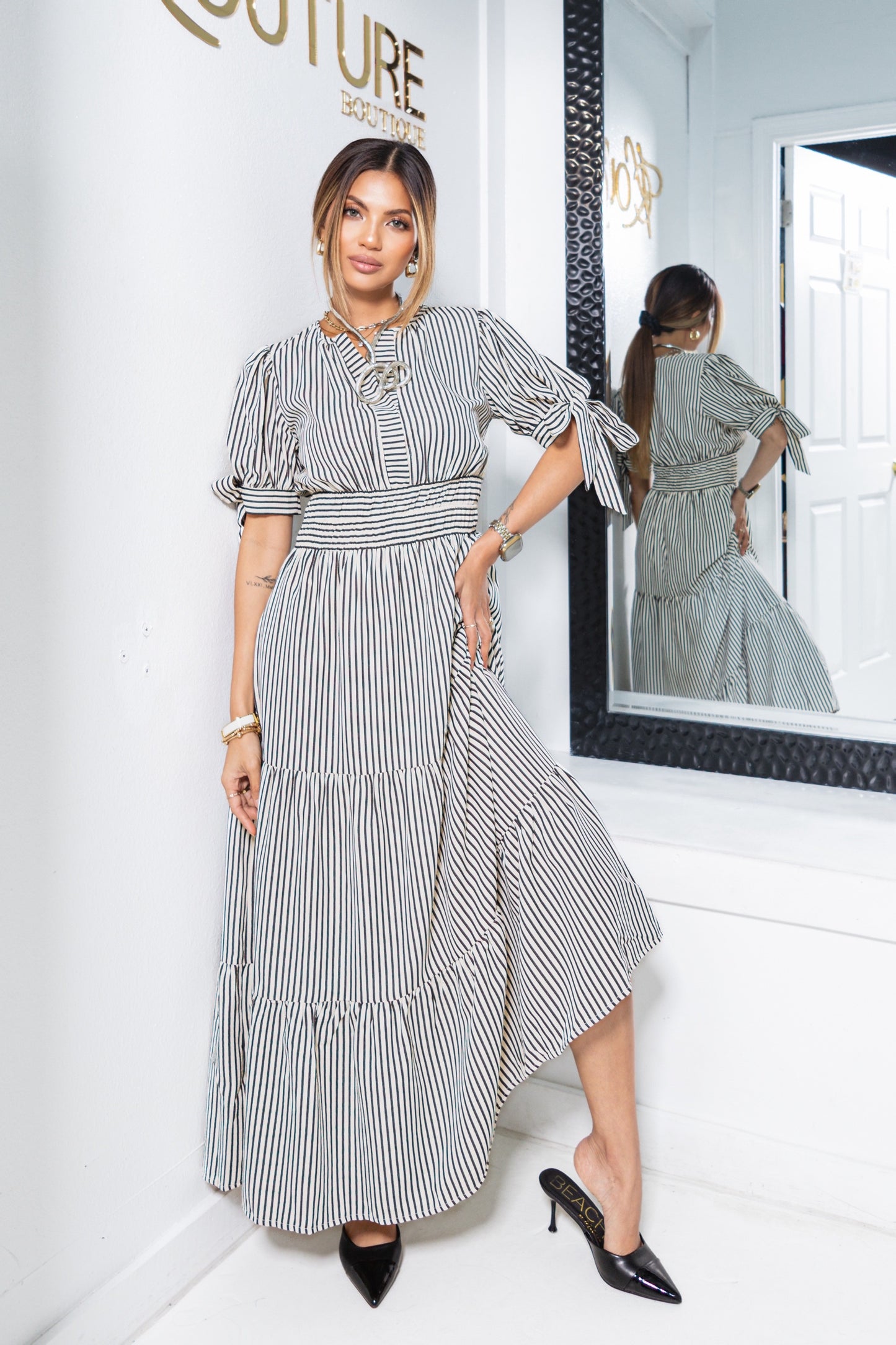 The Camden Striped Tie Sleeves Midi Dress