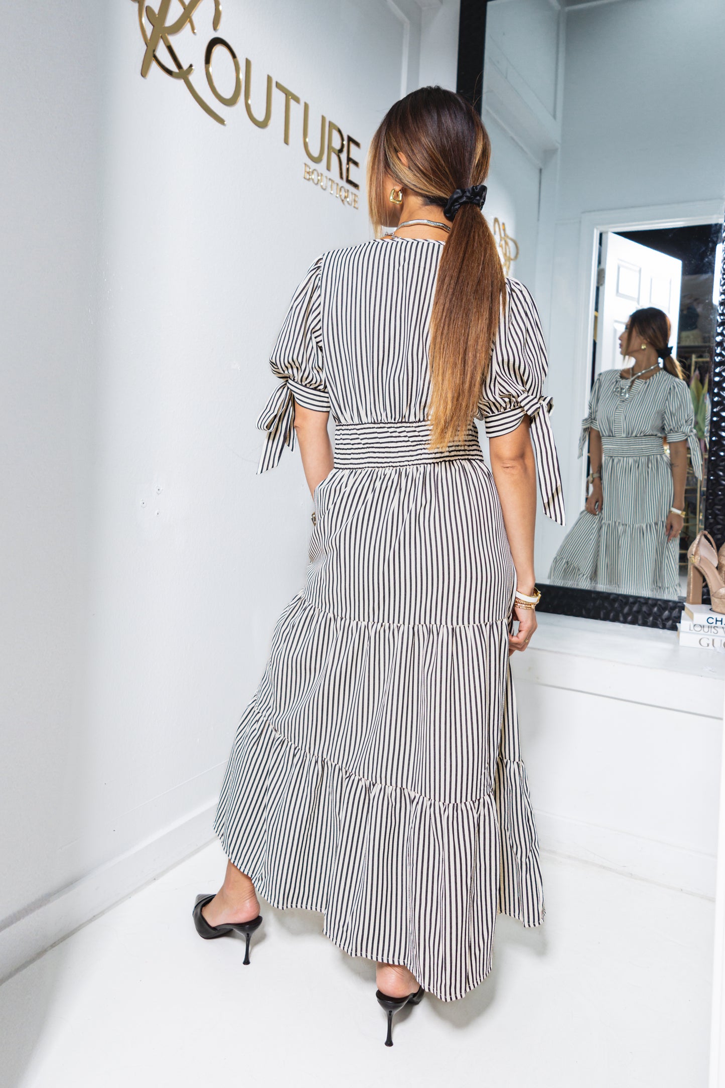 The Camden Striped Tie Sleeves Midi Dress