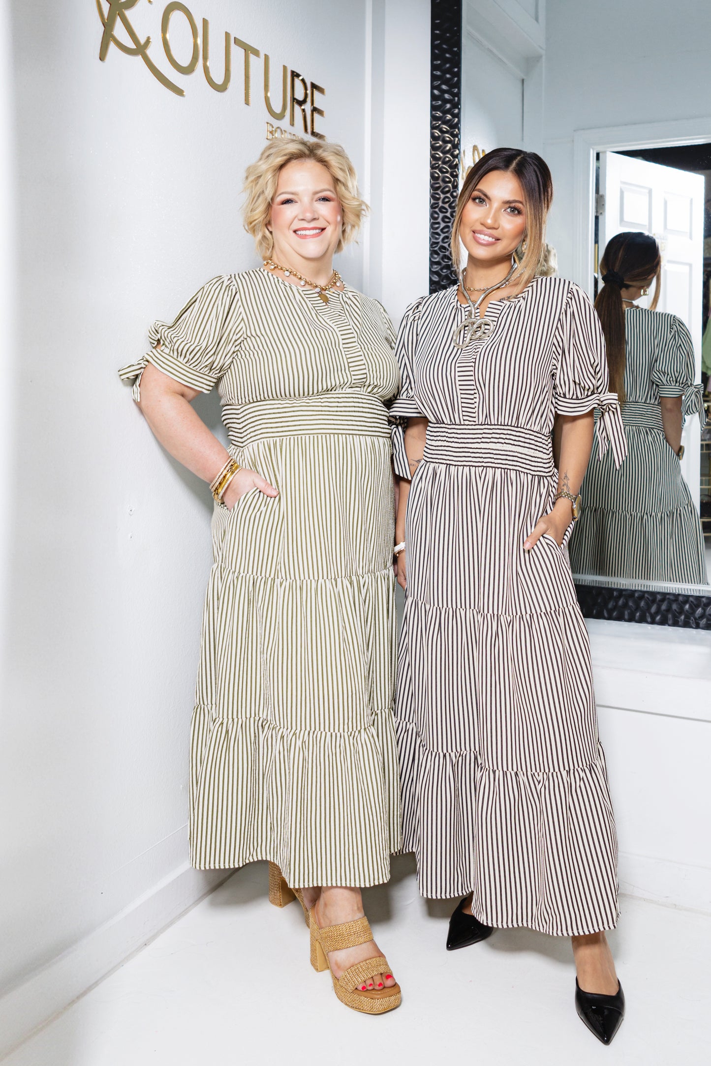 The Camden Striped Tie Sleeves Midi Dress