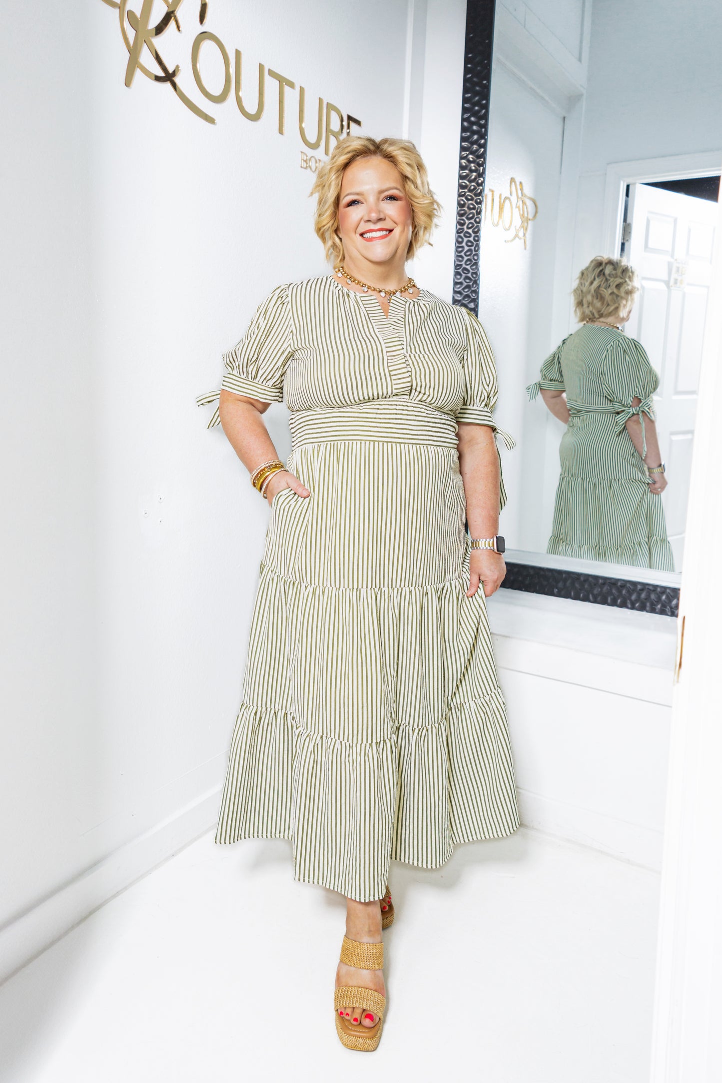 The Camden Striped Tie Sleeves Midi Dress