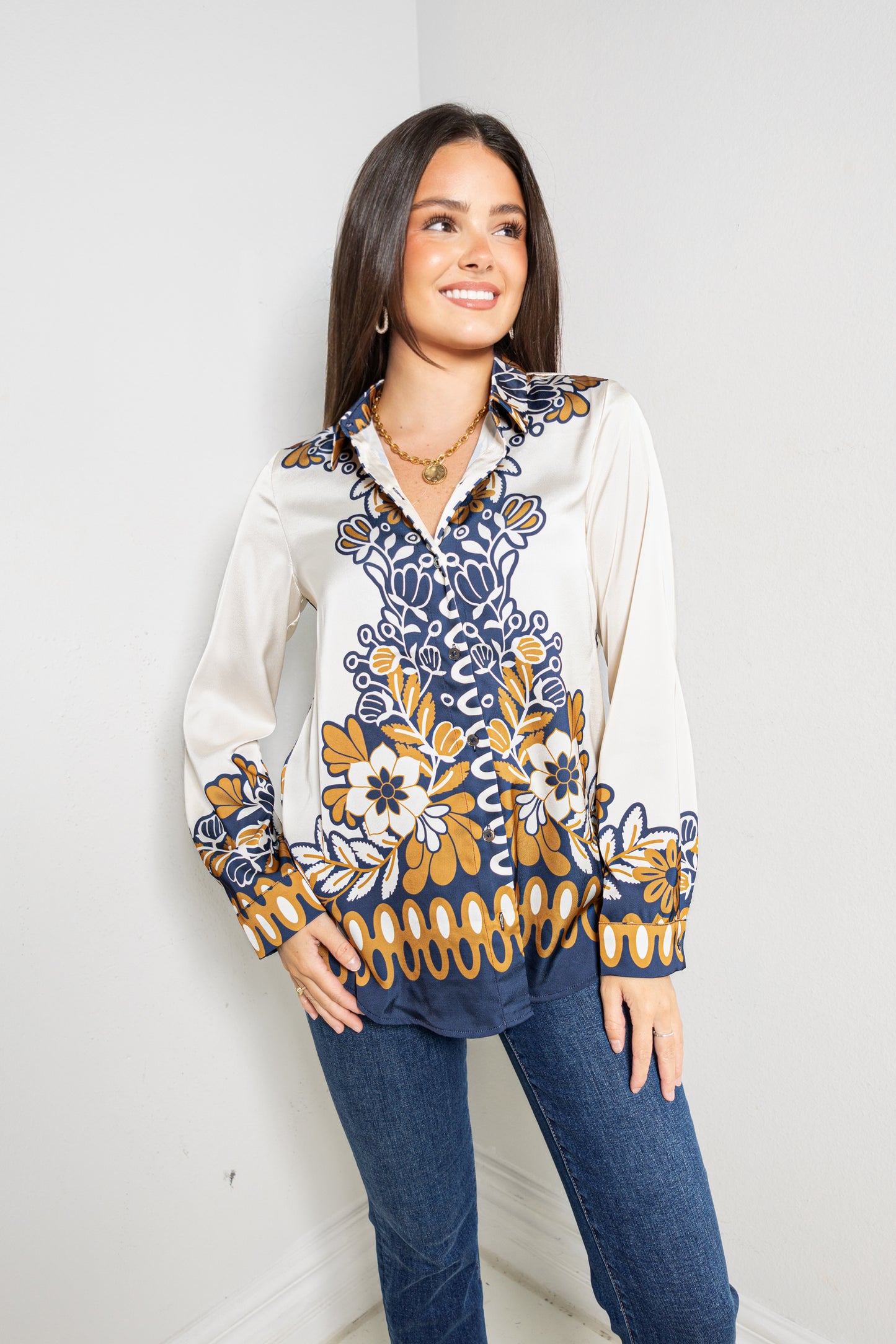 The Capri Bloom Button Down Top