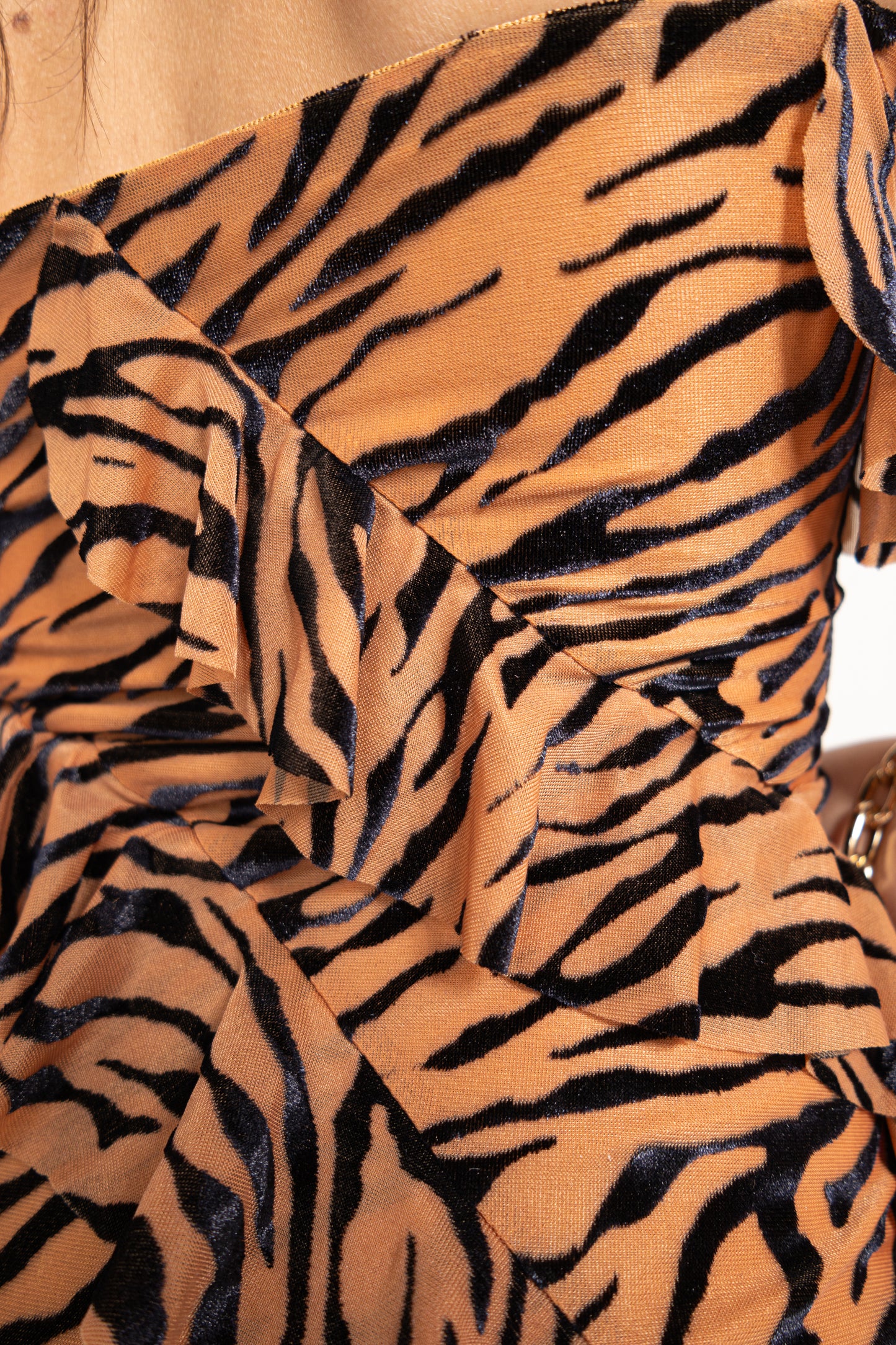 Tiger's Kiss Mesh Ruffled Mini Dress