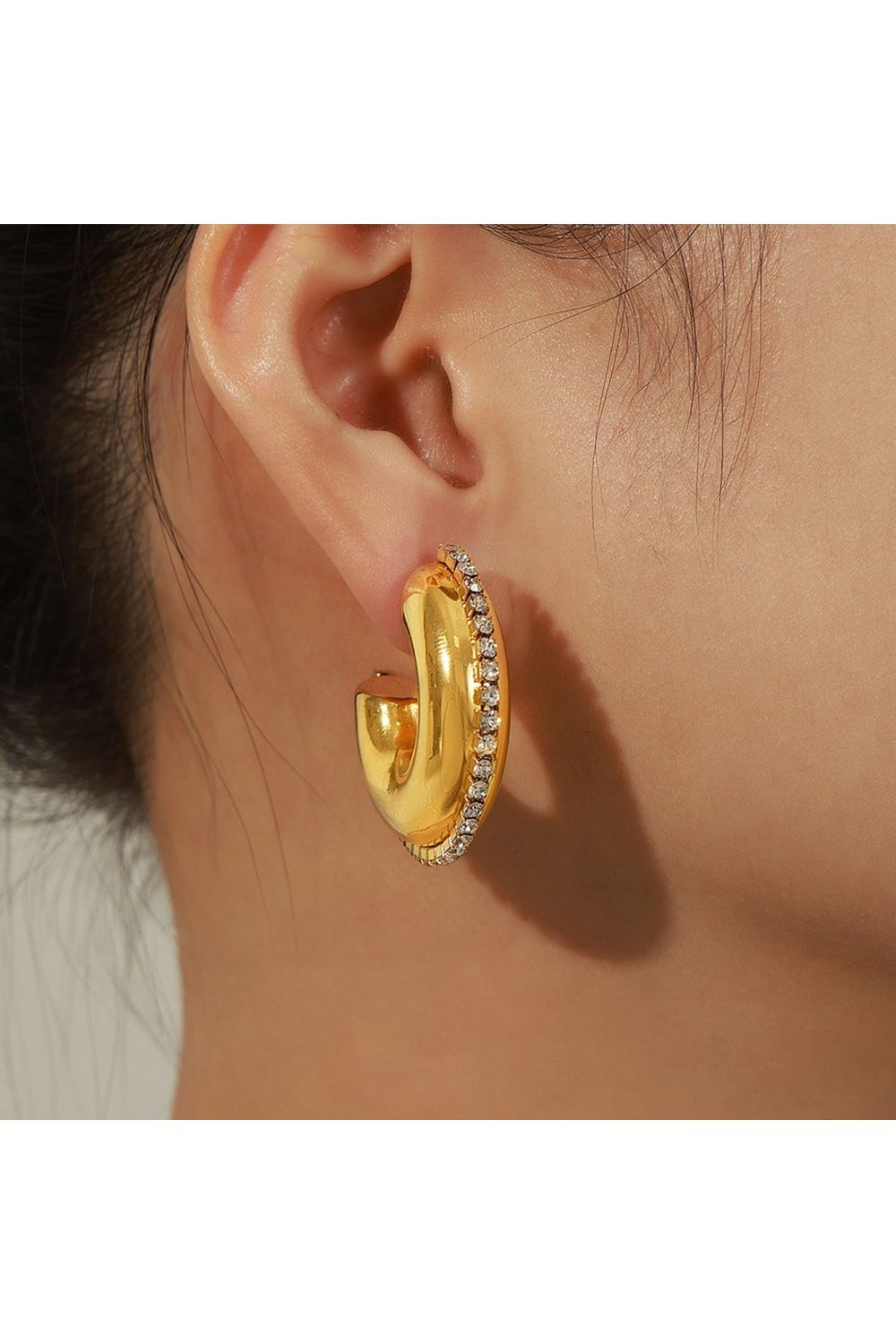 Titanium Steel Inlaid Zircon C-Hoop Earrings-Jewelry-KCoutureBoutique, women's boutique in Bossier City, Louisiana