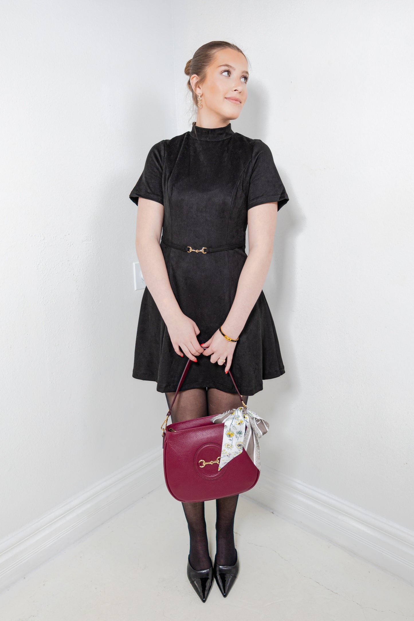 Touch of Gold Horsebit Belted Suede Dress