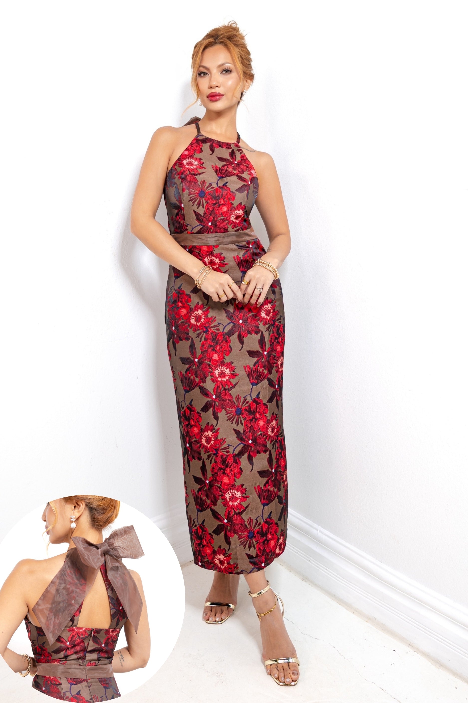 strapless open back dress Wine & Roses Jacquard Midi Dress Brown/Red / Small (2/4)