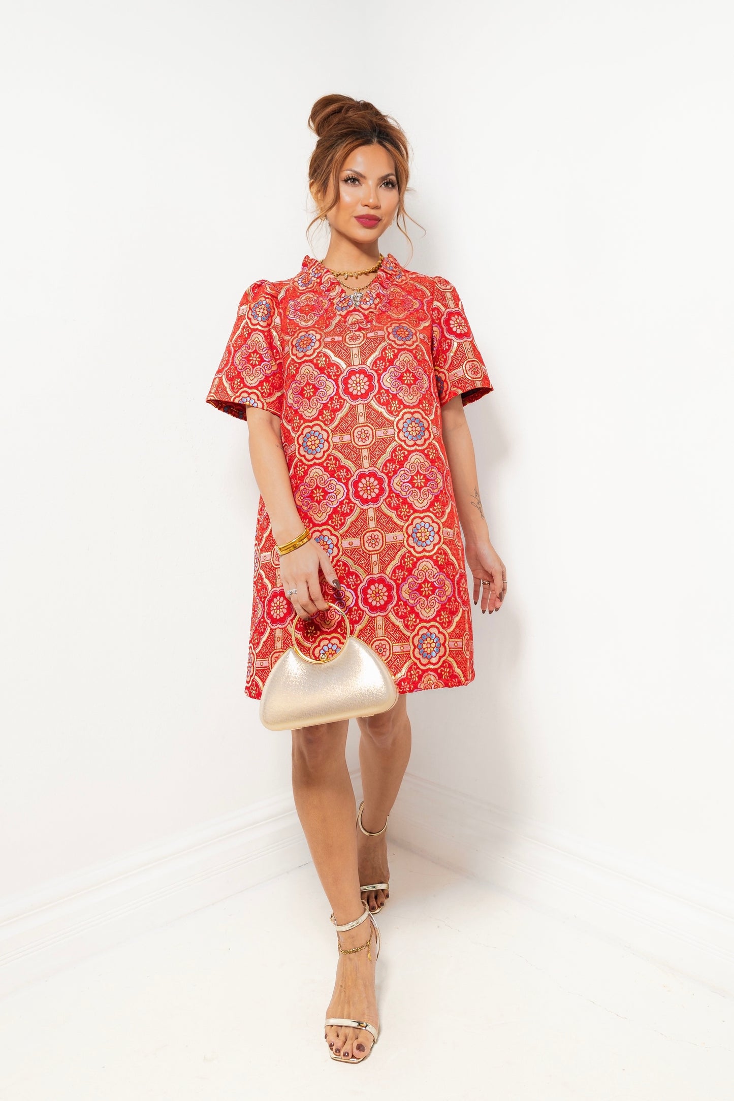 Vintage Rose Jacquard Ruffle Dress