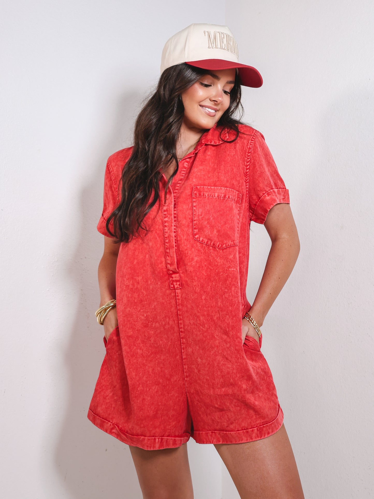 Washed Denim Cuff Sleeve Romper