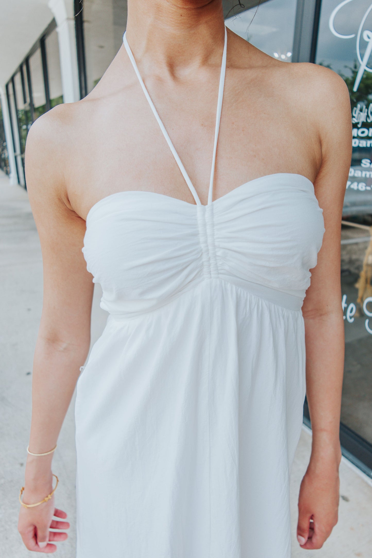 White Ruched Halter Midi Dress-Dresses-KCoutureBoutique, women's boutique in Bossier City, Louisiana
