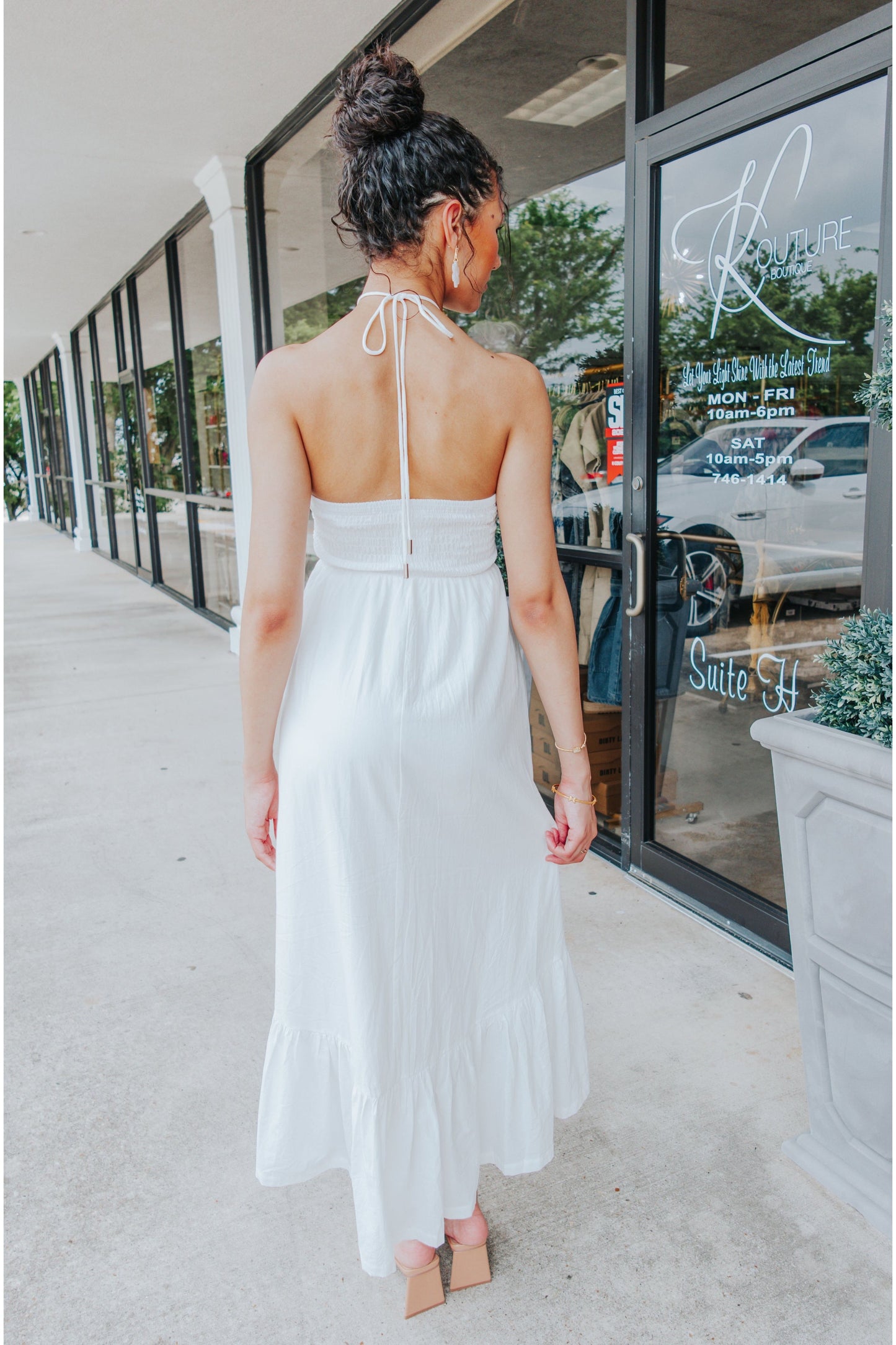 White Ruched Halter Midi Dress-Dresses-KCoutureBoutique, women's boutique in Bossier City, Louisiana