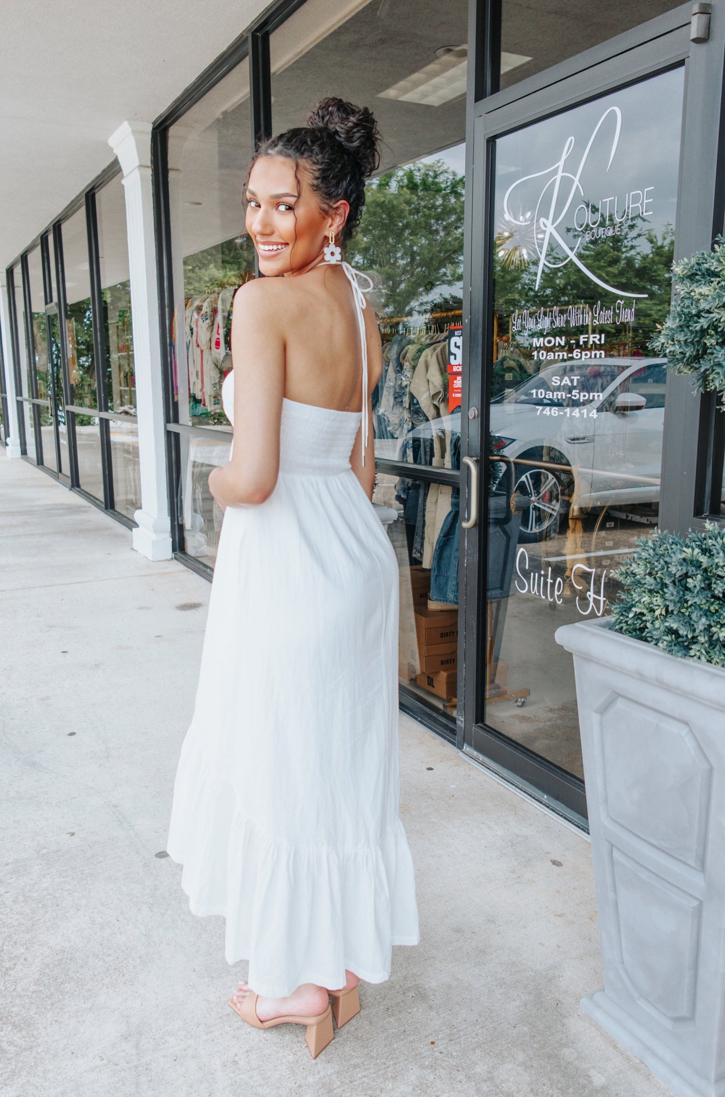 White Ruched Halter Midi Dress-Dresses-KCoutureBoutique, women's boutique in Bossier City, Louisiana