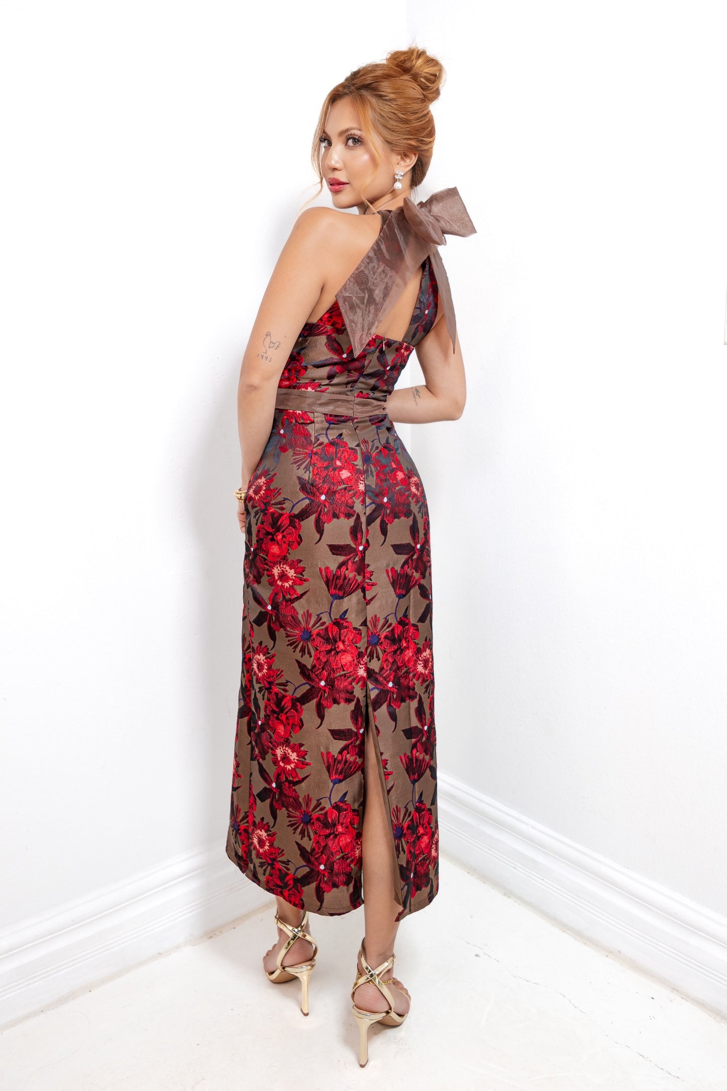 Wine & Roses Jacquard Midi Dress