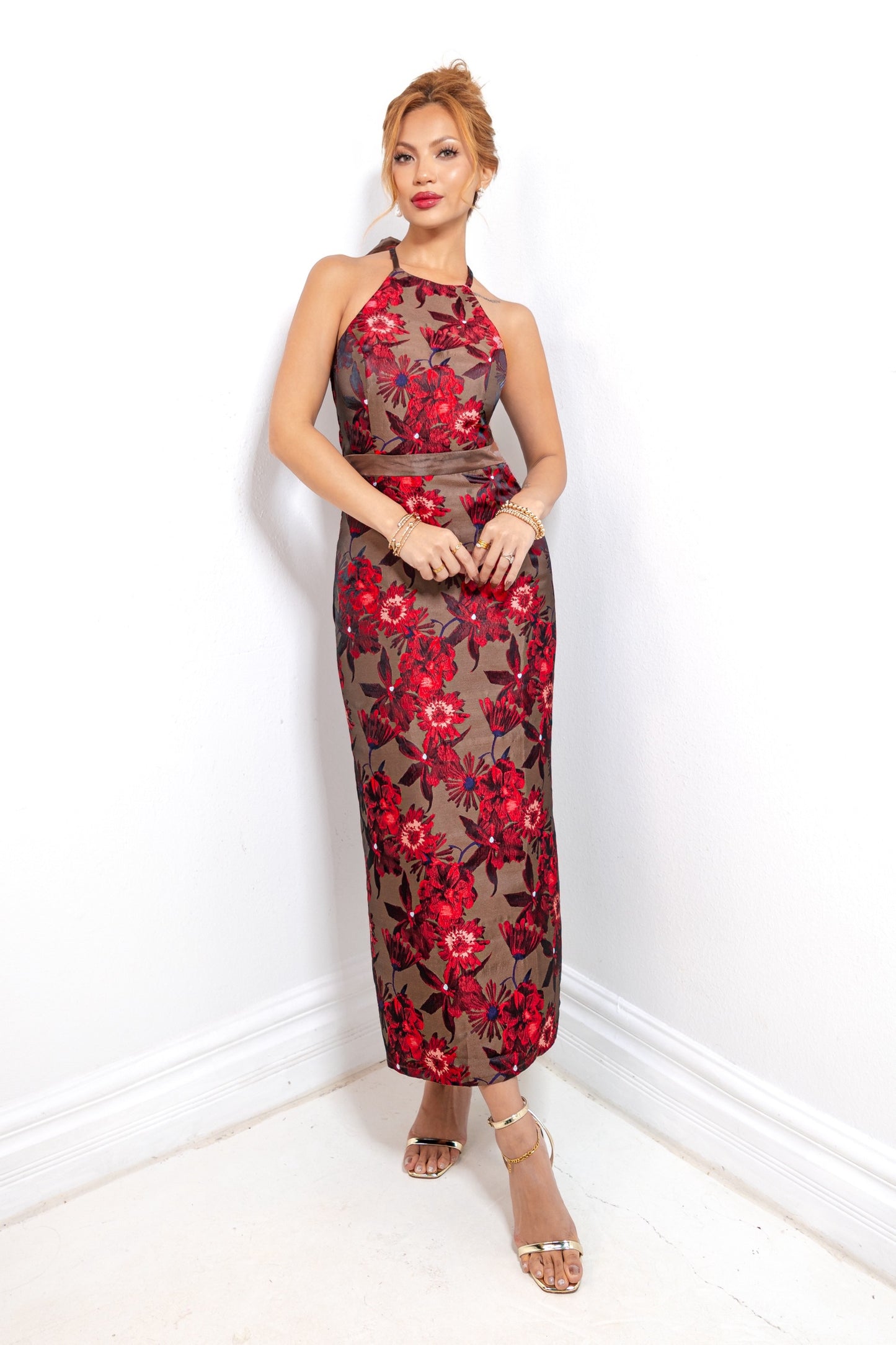 Wine & Roses Jacquard Midi Dress