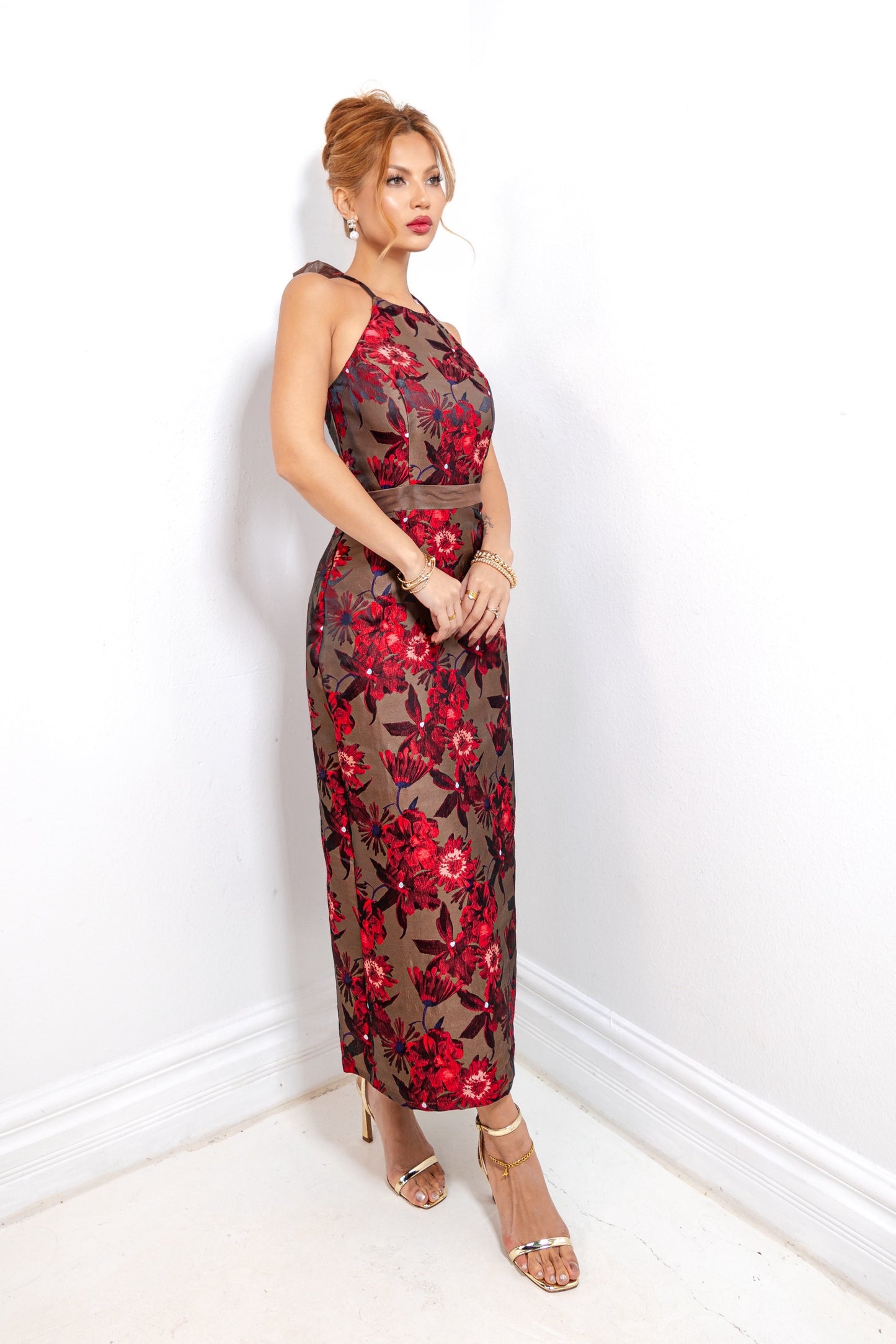 Wine & Roses Jacquard Midi Dress
