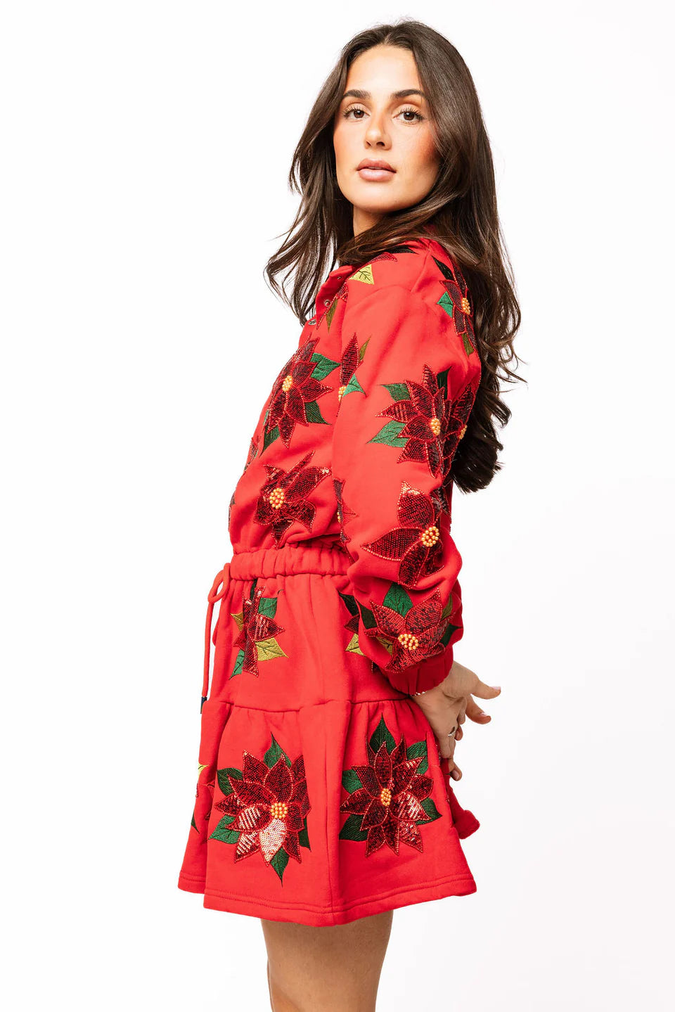 Queen of Sparkles Red Poinsettia Button Up Mock Neck Tie Sweatshirt Dress