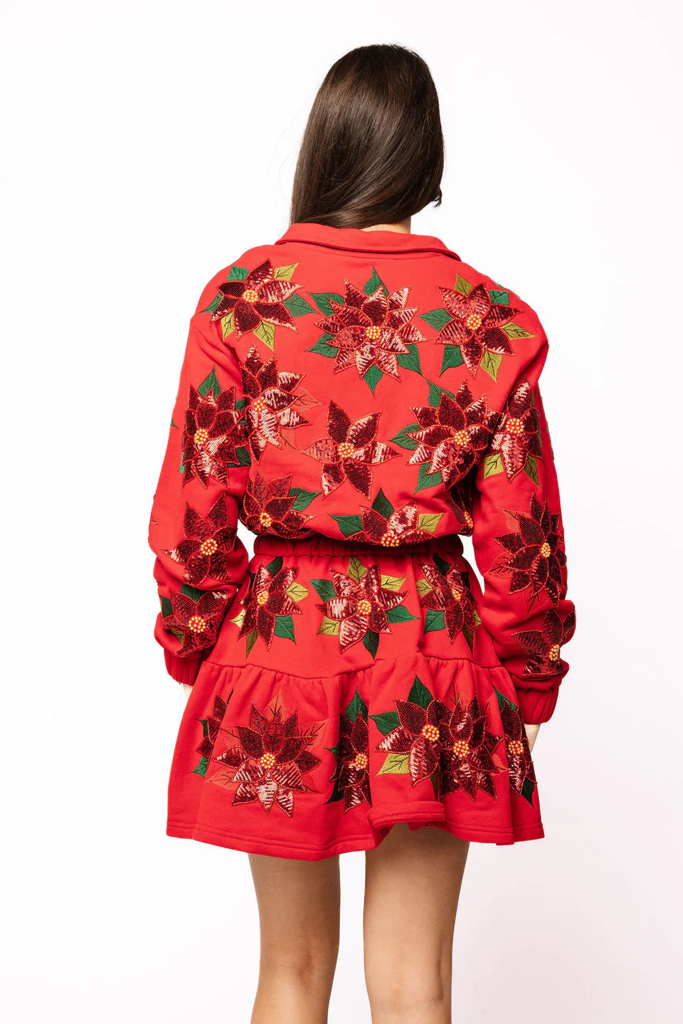 Queen of Sparkles Red Poinsettia Button Up Mock Neck Tie Sweatshirt Dress