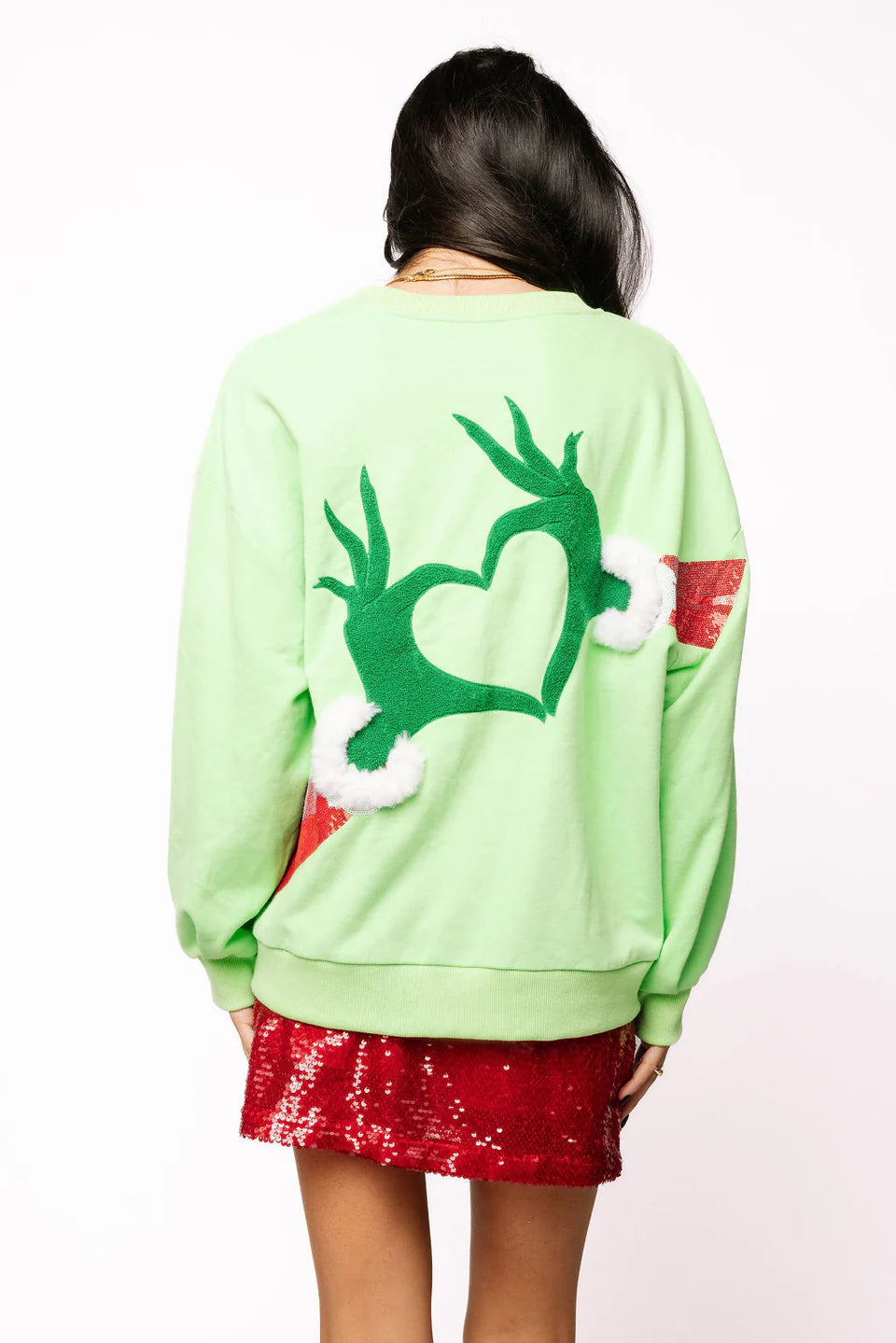 Queen of Sparkles Green Grinch Heart Hands Sweatshirt
