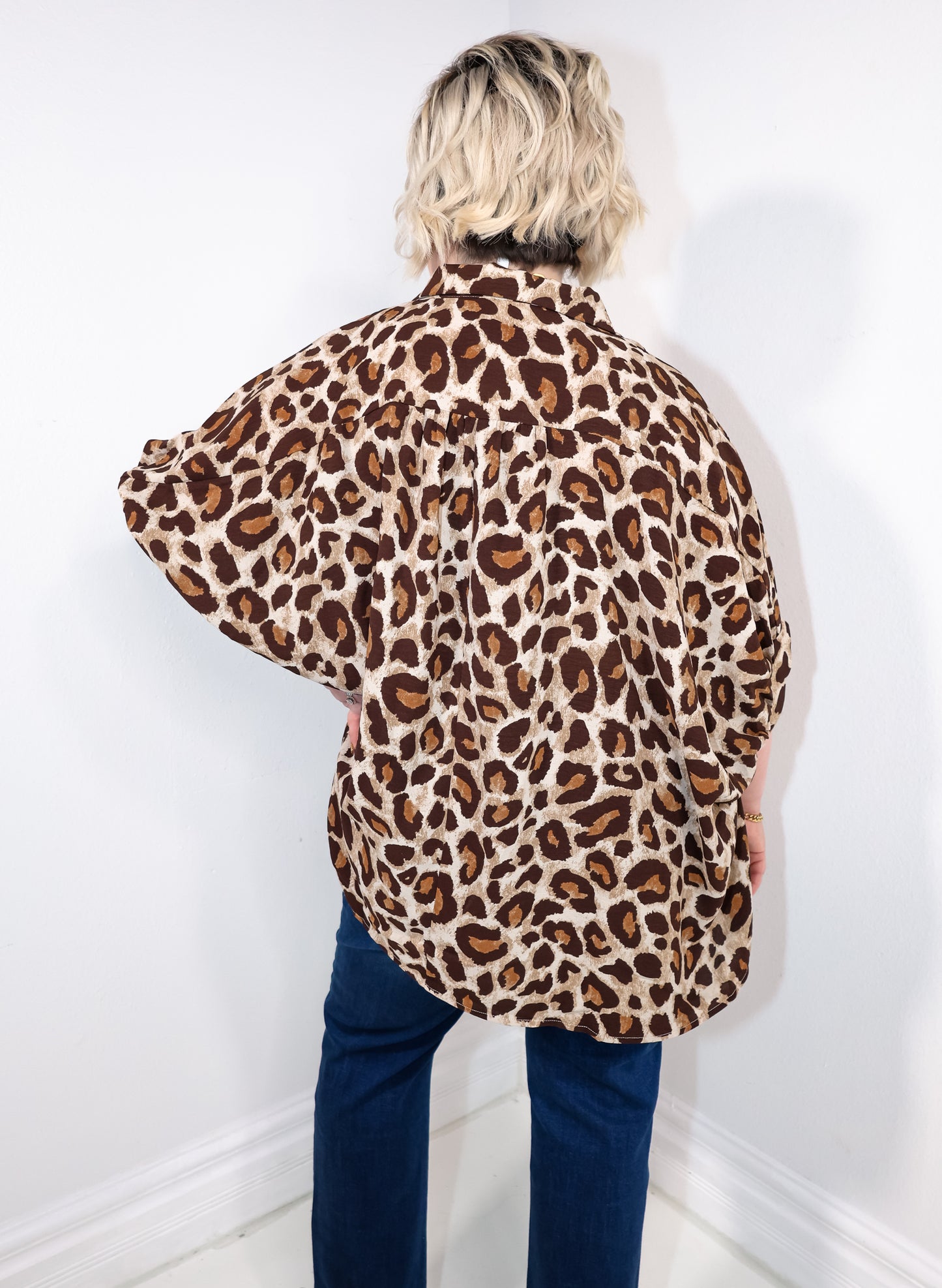 Oversized Leopard Charm Button Down Top