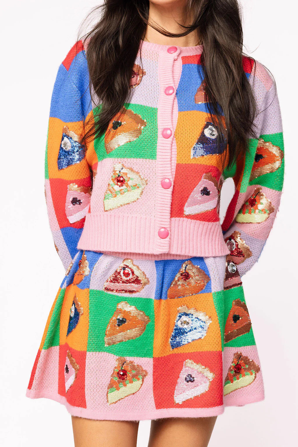 Queen of Sparkles Rainbow Colorblock Piece of Pie Button Up Sweater