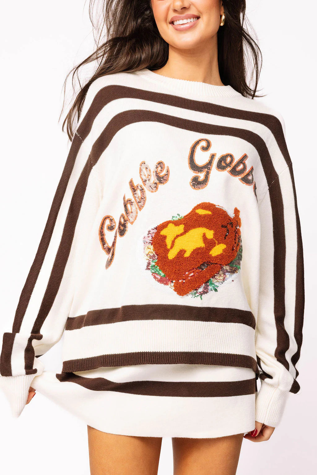 Queen of Sparkles White & Brown Stripe 'Gobble' Long Sleeve Sweater