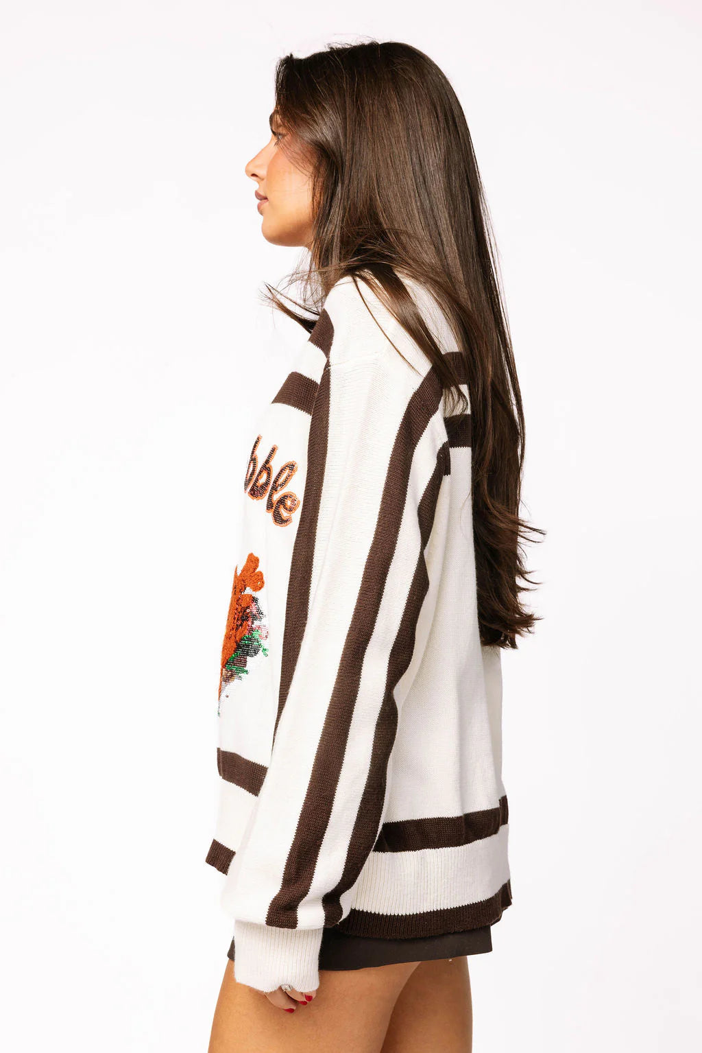 Queen of Sparkles White & Brown Stripe 'Gobble' Long Sleeve Sweater