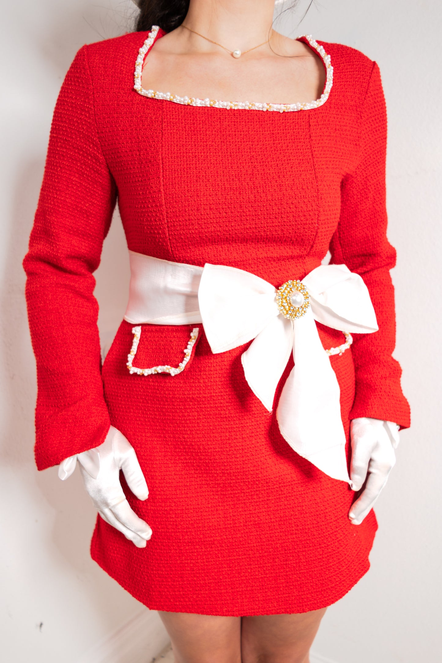 The Radiant In Red Pearl Trimmed Dress