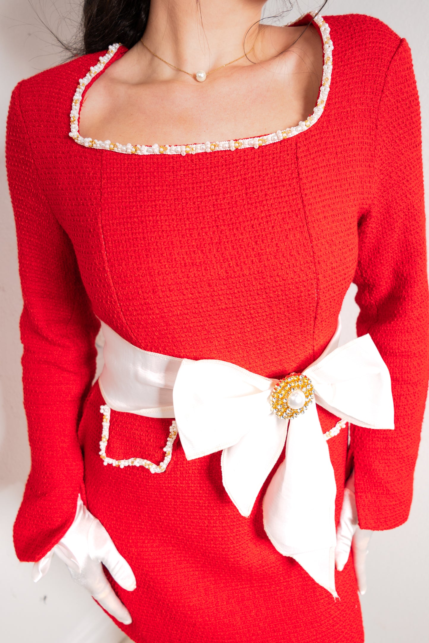 The Radiant In Red Pearl Trimmed Dress