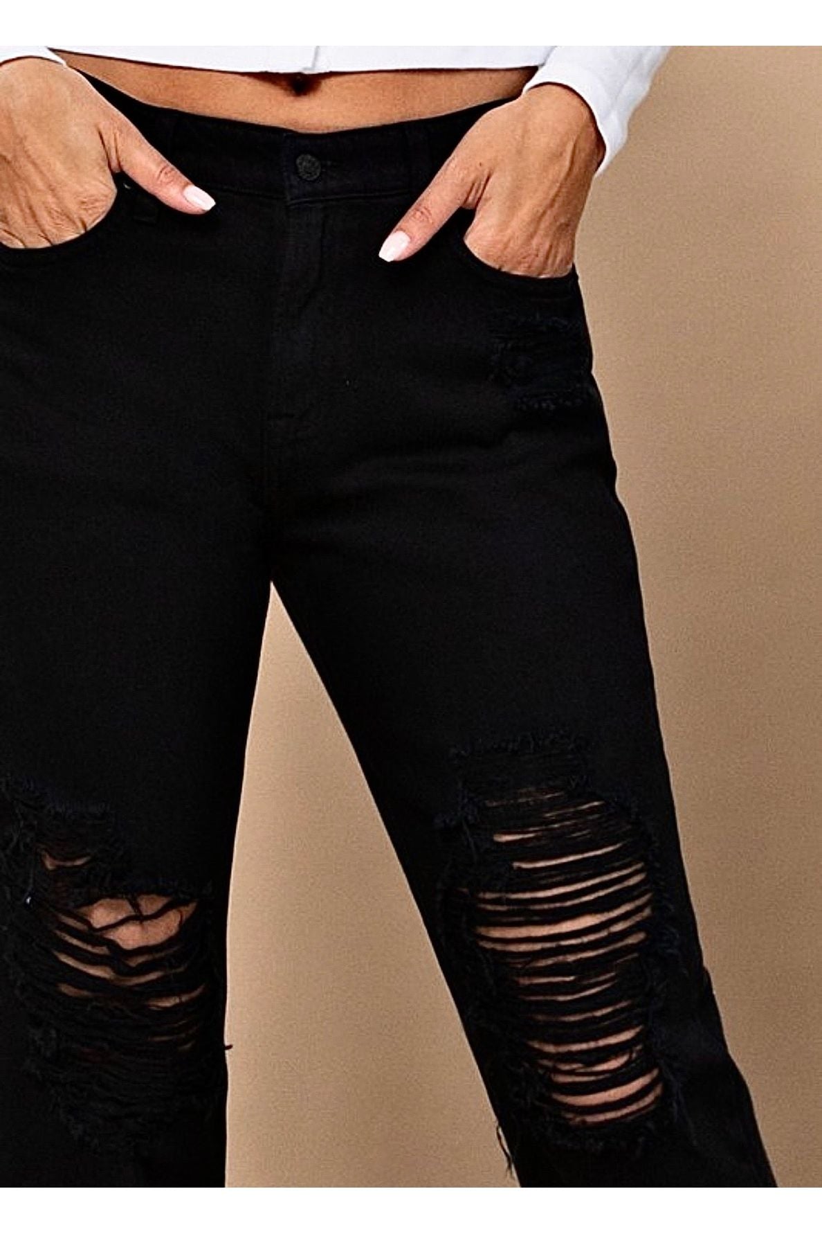 Bailey Black Cropped Distressd Boyfriend Jeans-Bottoms-KCoutureBoutique, women's boutique in Bossier City, Louisiana
