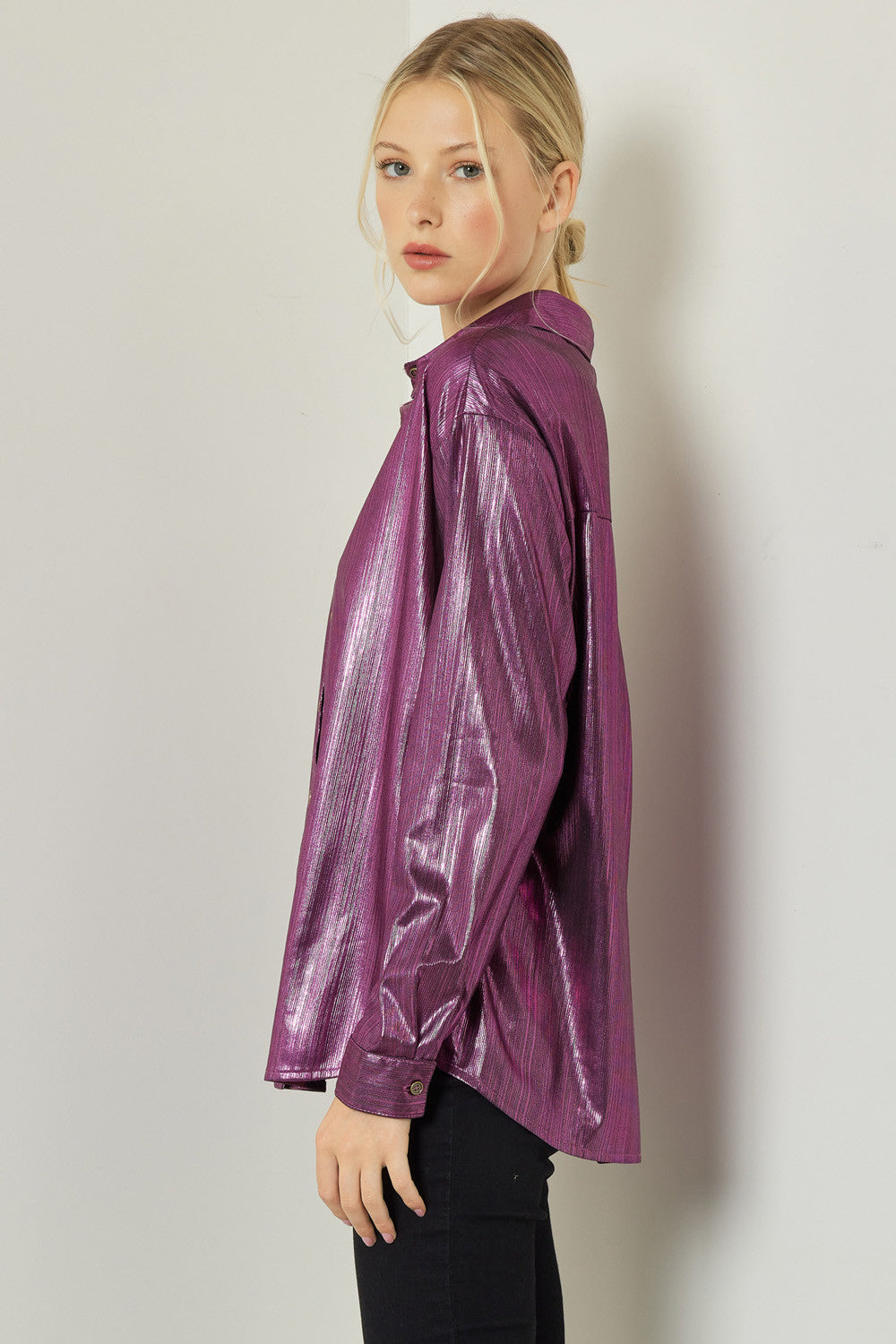 Made You Look Metallic Button Down Top-Tops-KCoutureBoutique, women's boutique in Bossier City, Louisiana