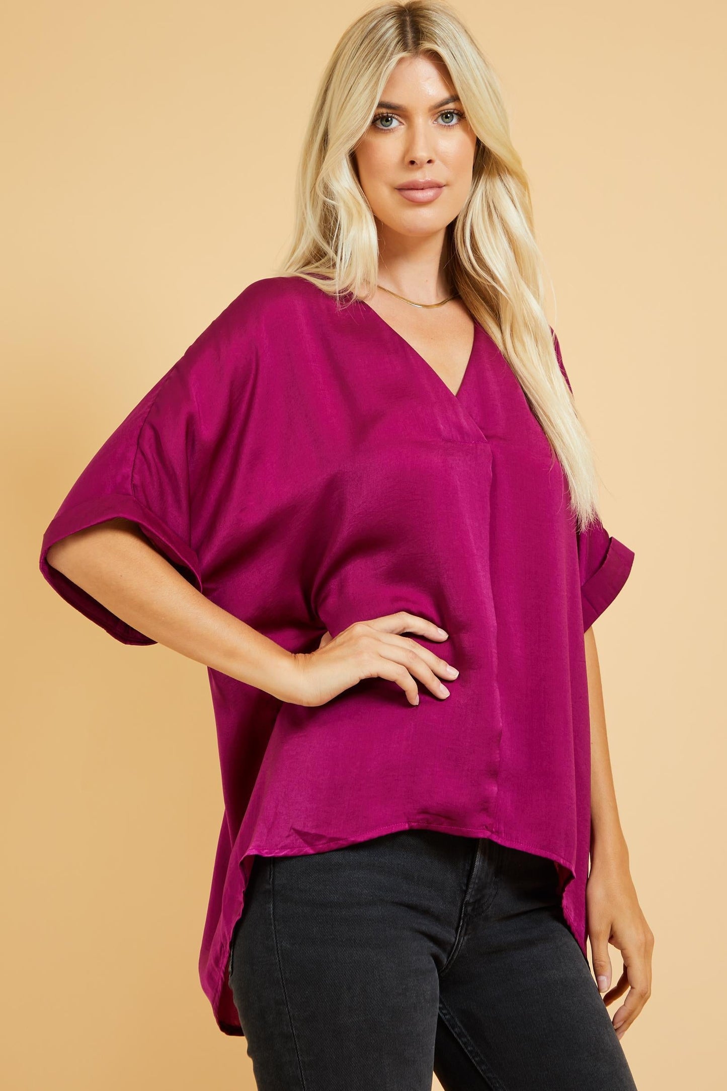 My V-Neck High Low Purple Flowy Slit Top-Tops-KCoutureBoutique, women's boutique in Bossier City, Louisiana