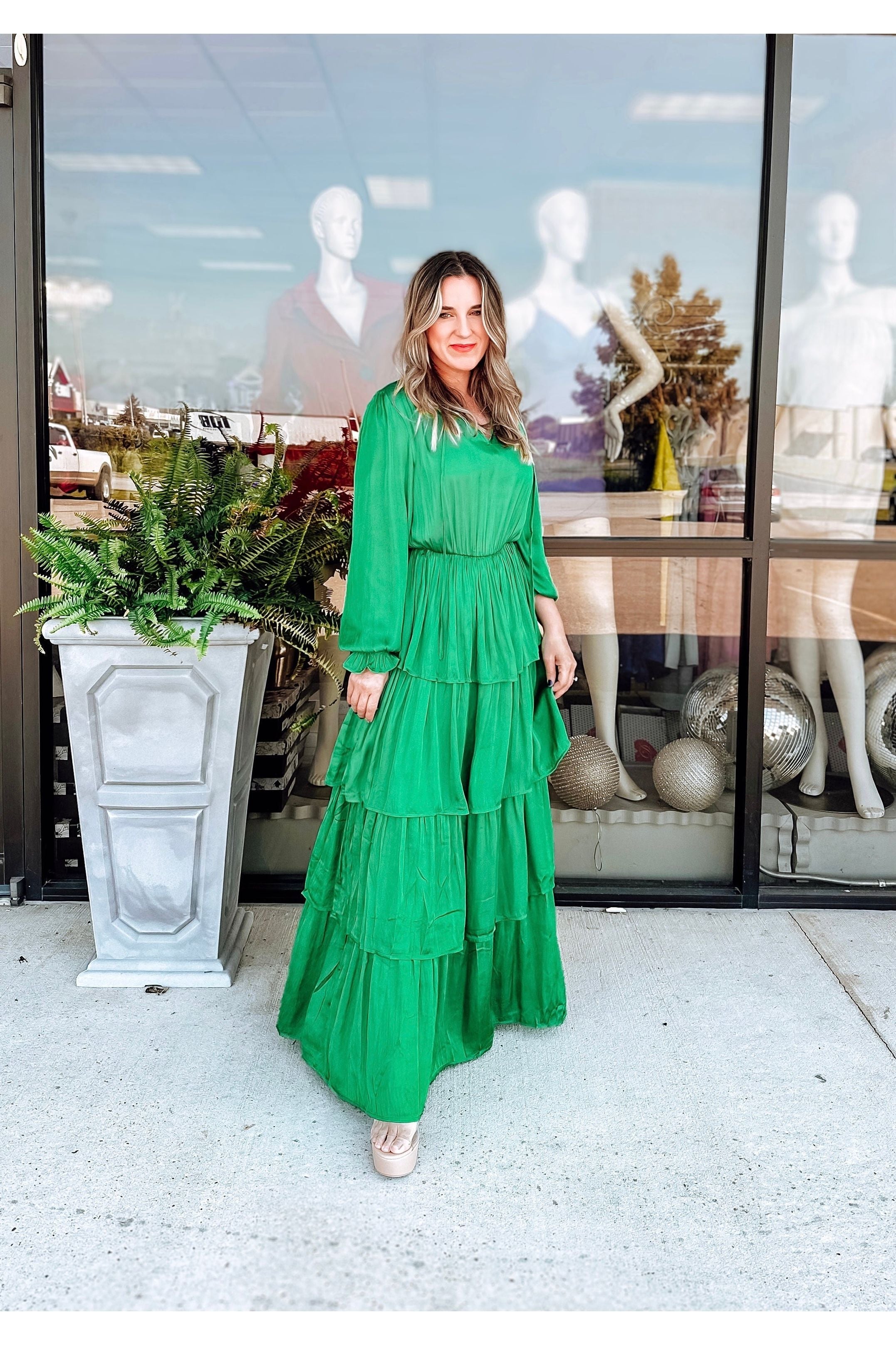 Tiered To Heaven Satin Maxi Dress Medium / Kelly Green Tiered To Heaven Satin Maxi Dress Medium / Kelly Green