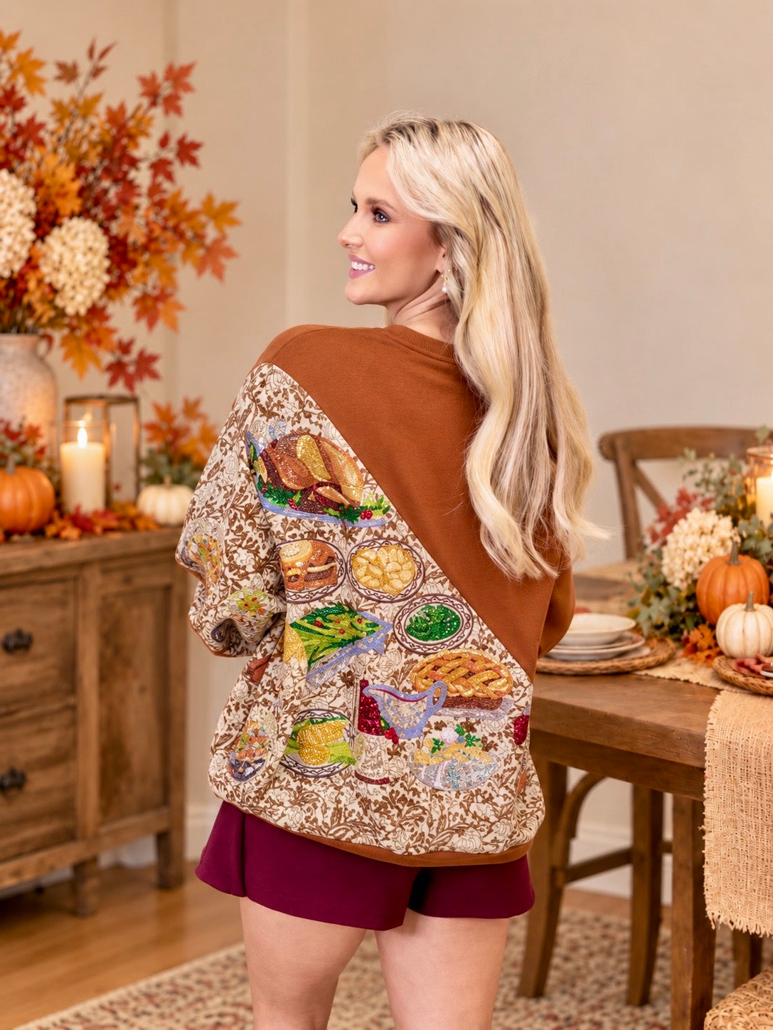 QOS Brown Colorblock Thanksgiving Meal Sweatshirt