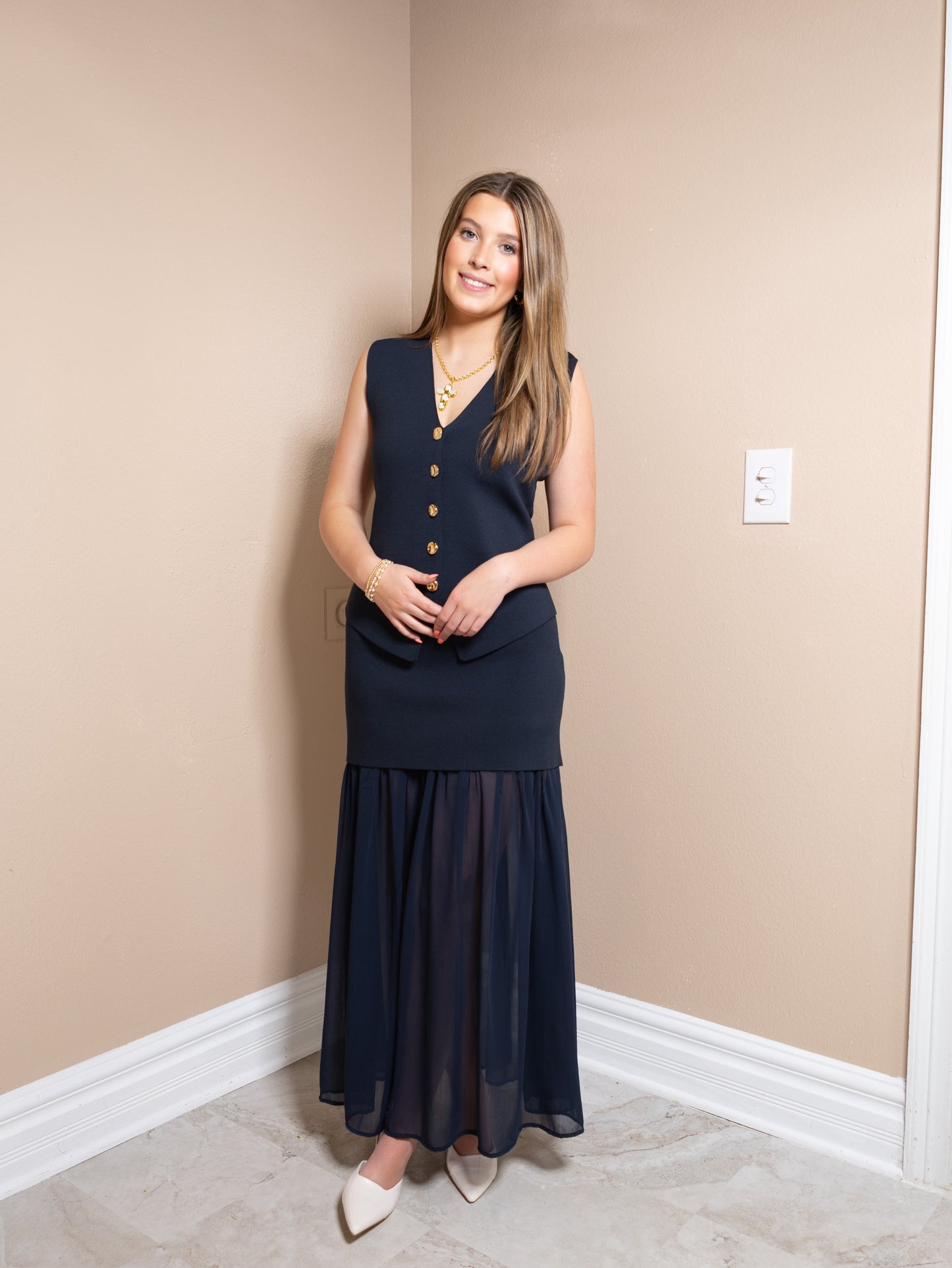 Midnight Harbor Knit Chiffon Midi Skirt
