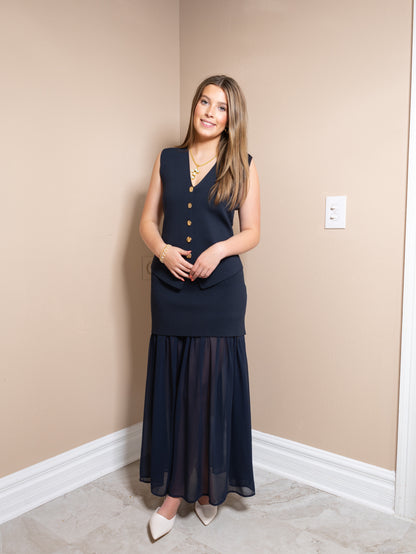 Midnight Harbor Knit Chiffon Midi Skirt