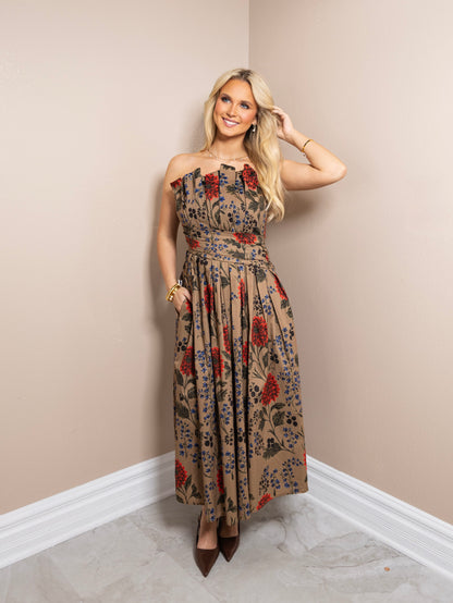 Autumn Pleats Strapless Midi Dress