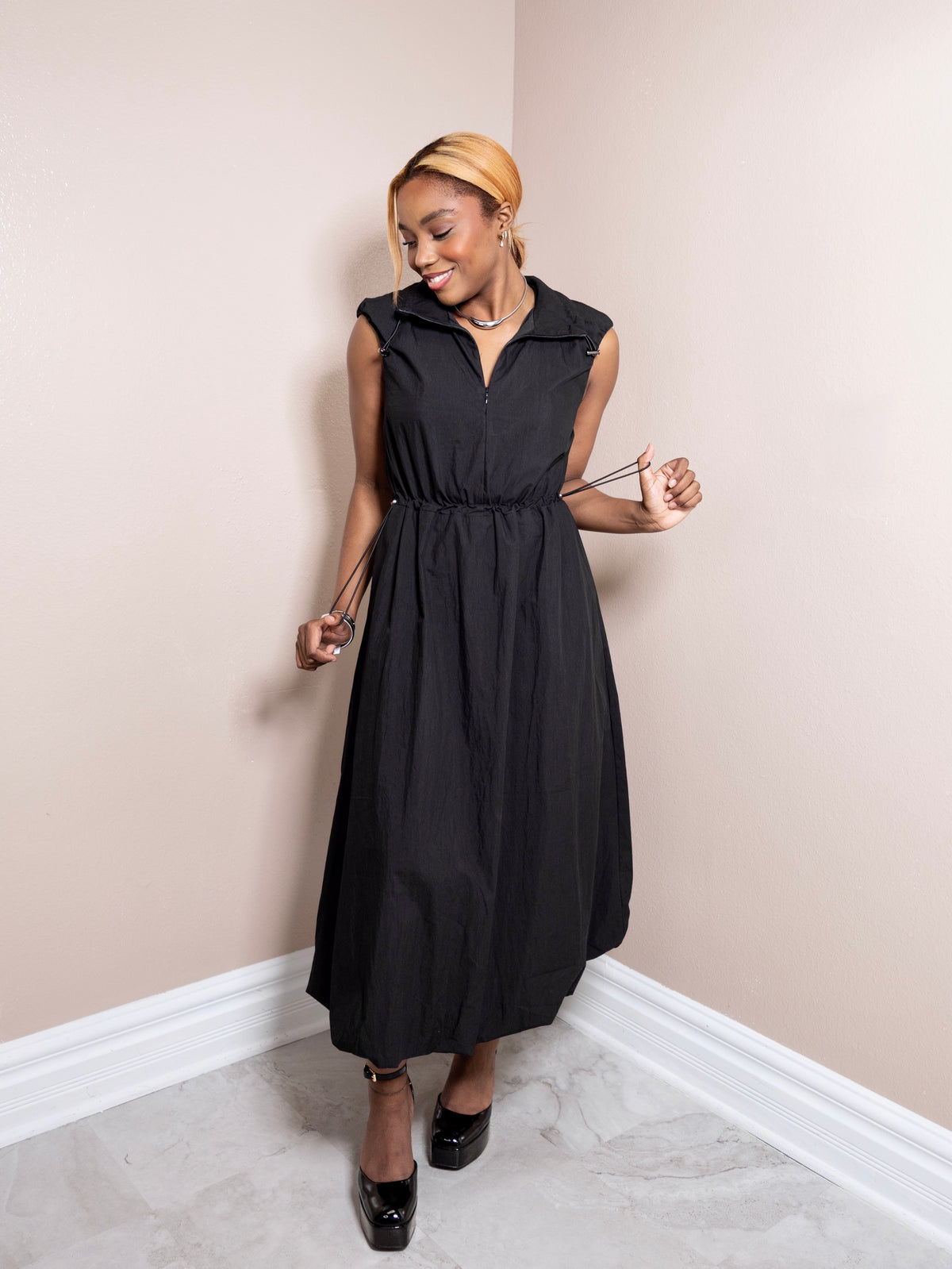 City Stroll Drawstring Midi Dress