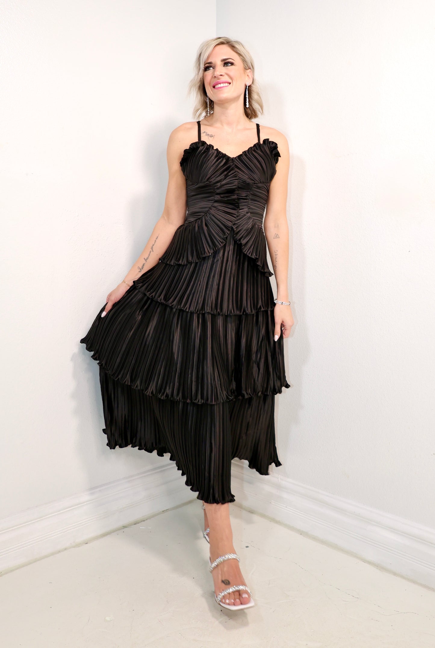 Pleated Satin Ruffled Midi Dress