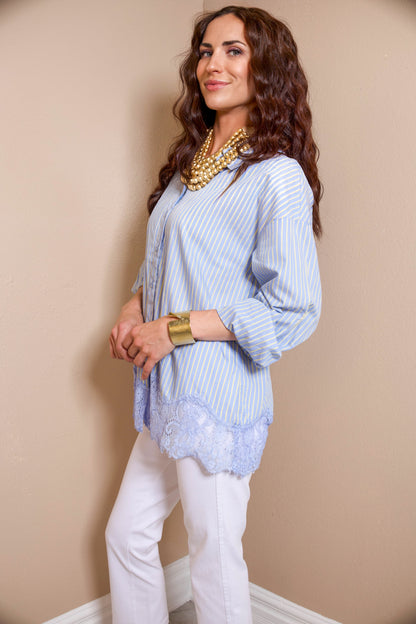Pinstripe Lace Hem Button Down Blouse