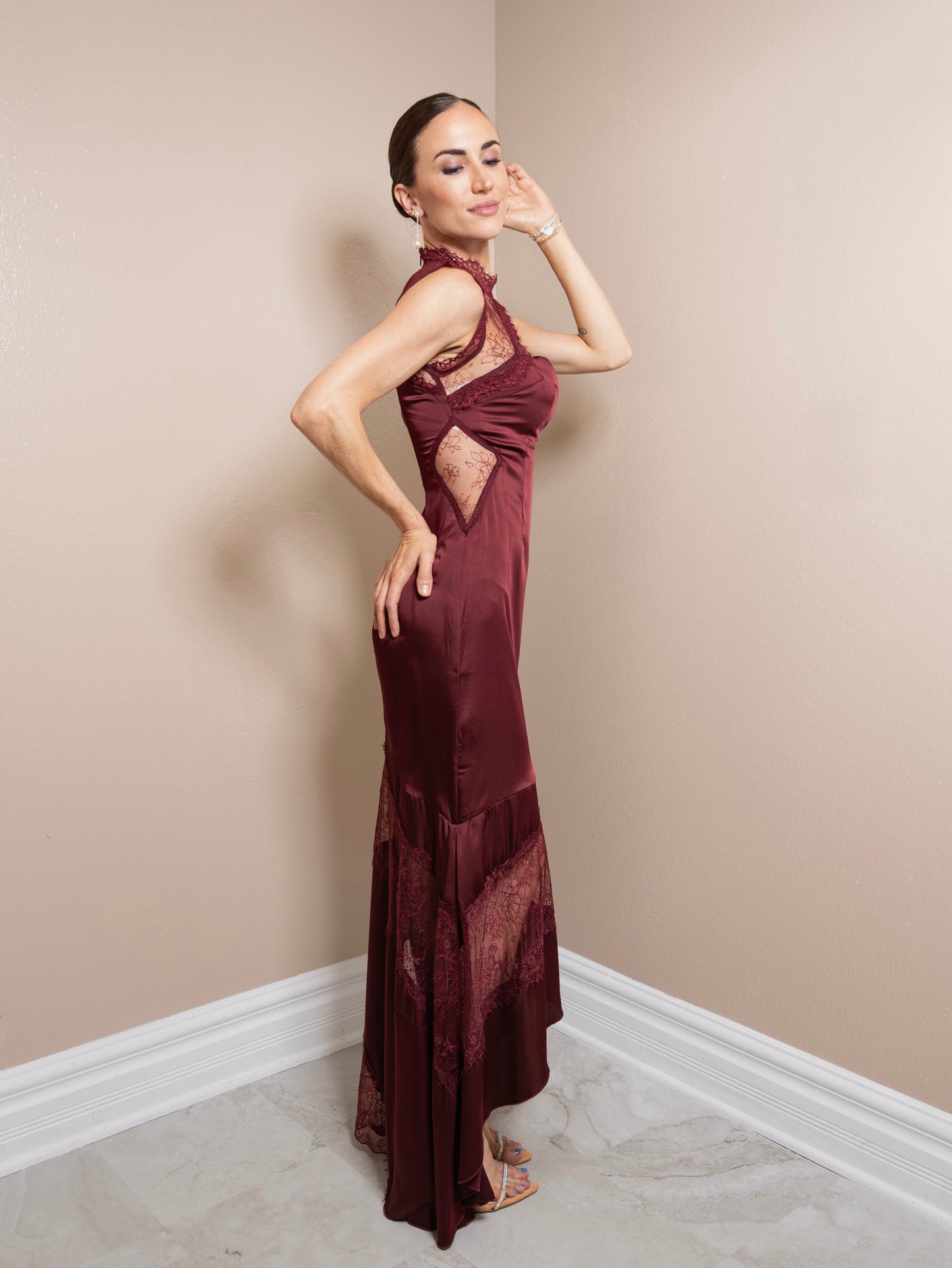 Satin Allure Lace Maxi Dress
