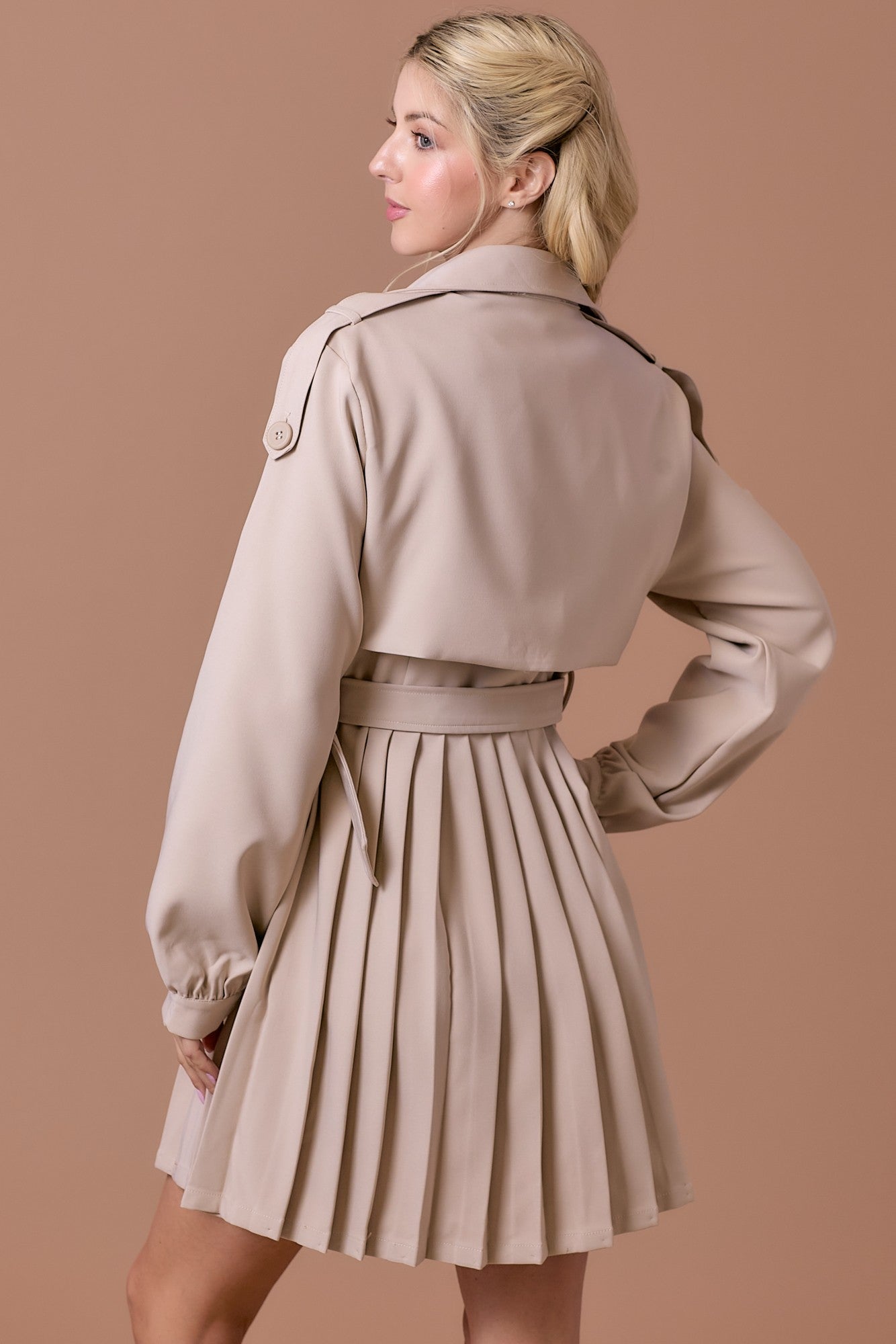 Beige Belle Pleated Skirt Mini Dress Coat