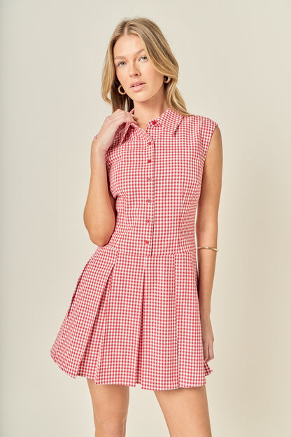 English Factory Red Plaid Pleated Mini Shirt Dress