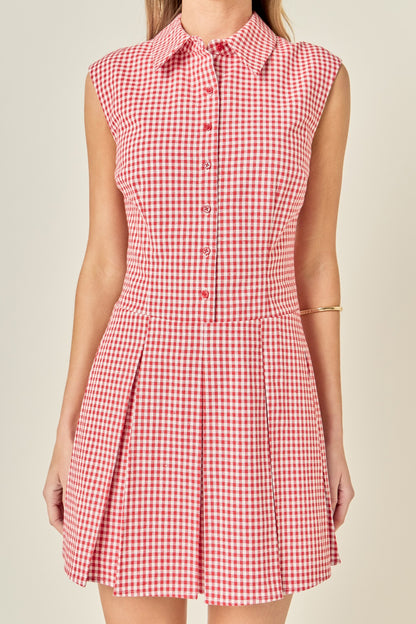 English Factory Red Plaid Pleated Mini Shirt Dress