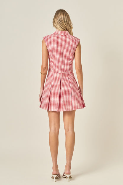 English Factory Red Plaid Pleated Mini Shirt Dress