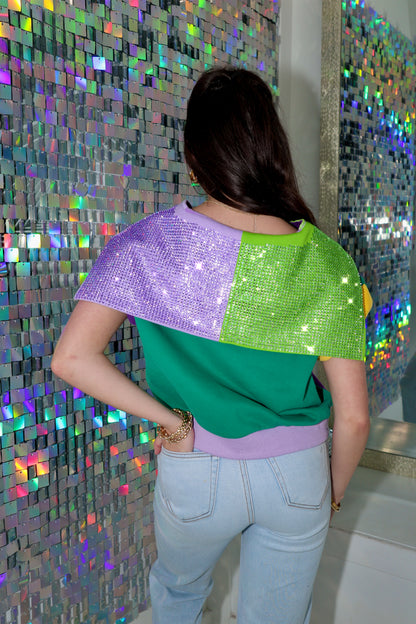 Queen Of Sparkles Mardi Gras Colorblock Rhinestone Top