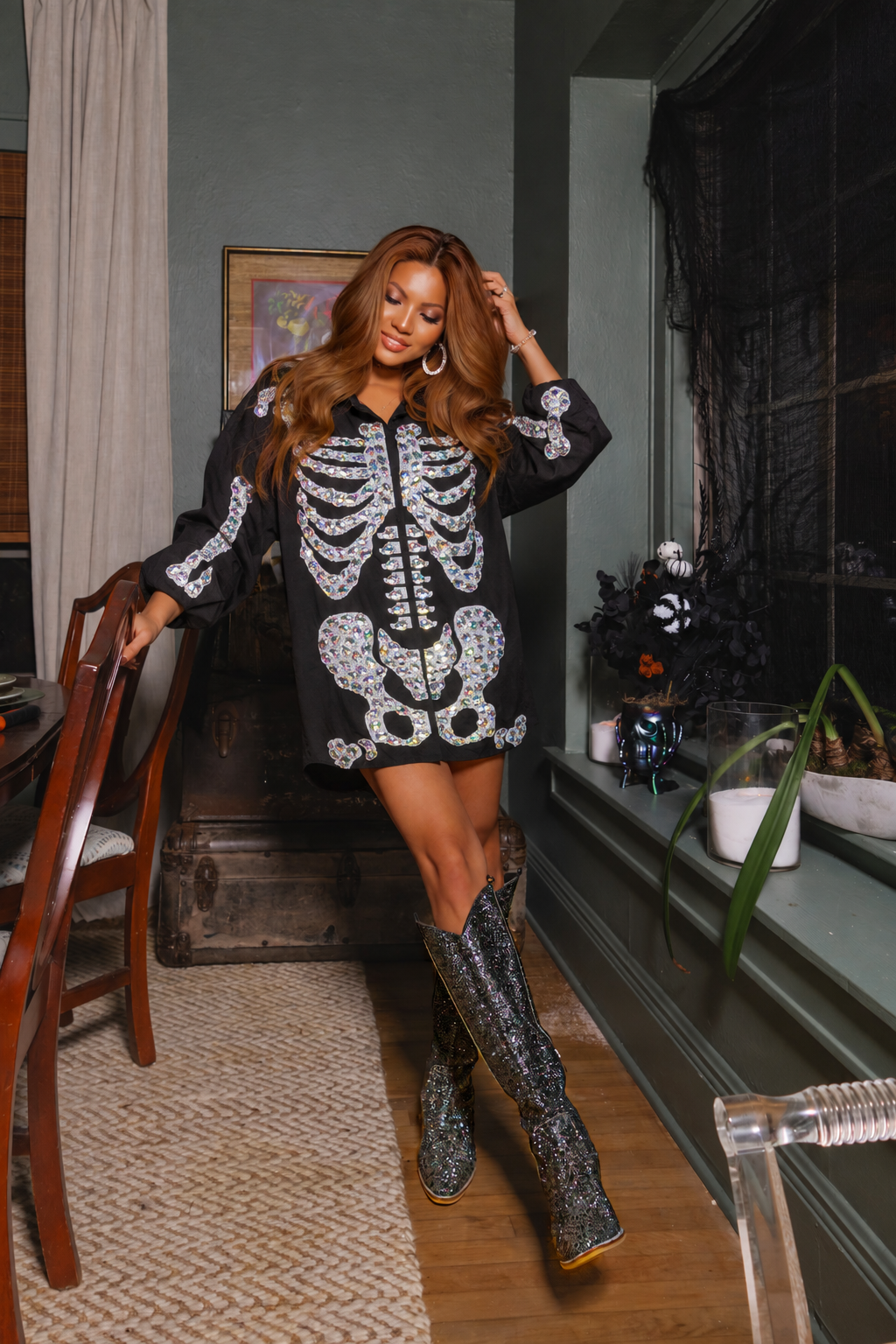 QOS Black
Iridescent Jeweled
Skeleton Button Up Tunic