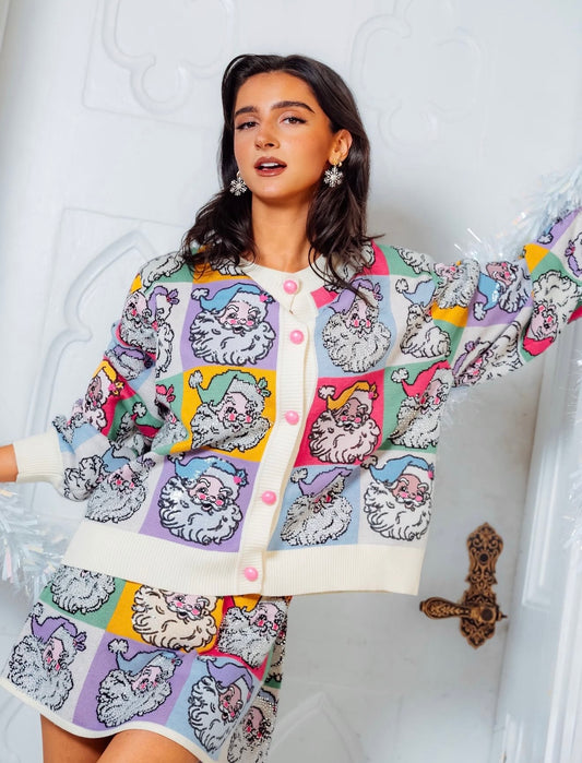 QOS Pastel Colorblock Santa Button Up Cardigan