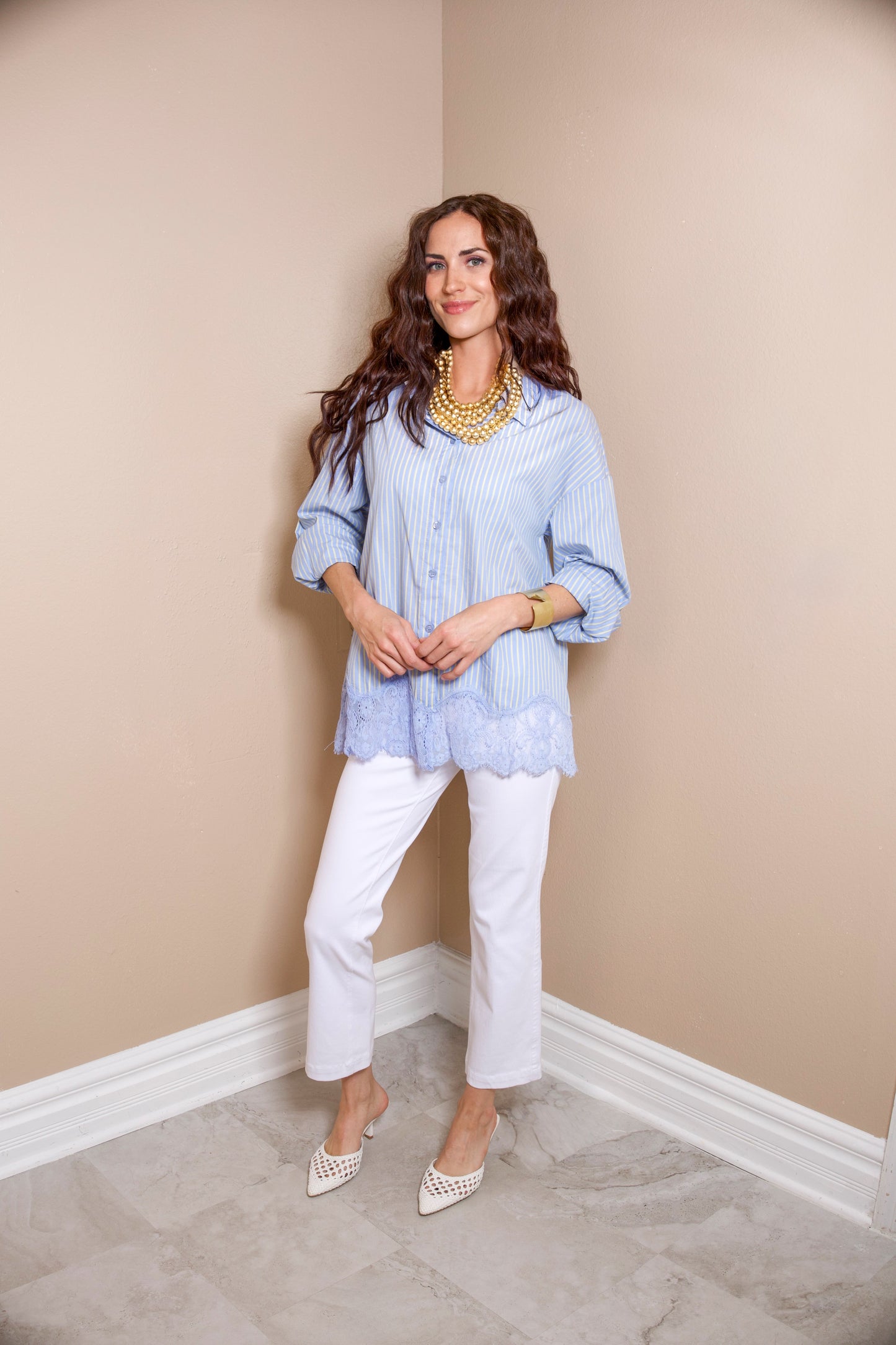 Pinstripe Lace Hem Button Down Blouse