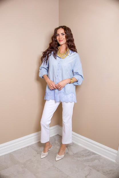 Pinstripe Lace Hem Button Down Blouse