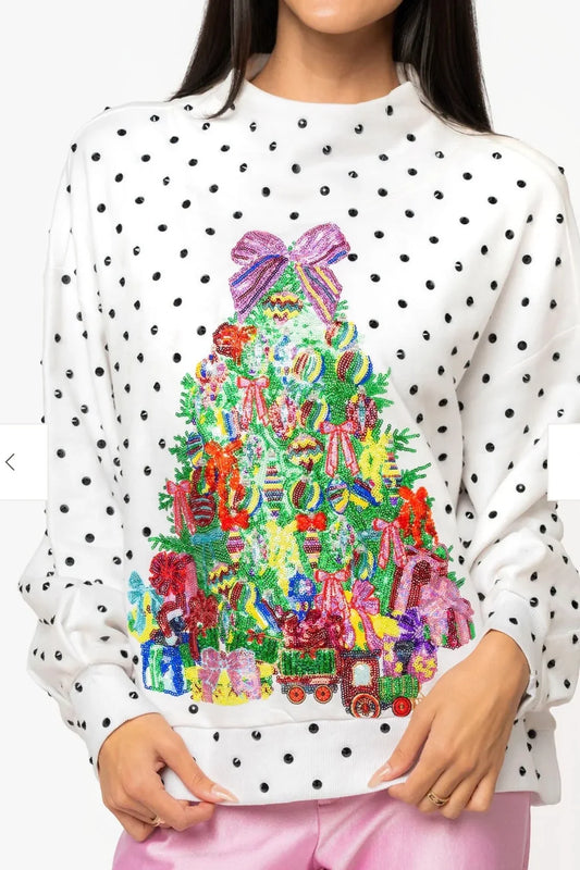 QOS Polka Dot Christmas Tree MockNeck Sweatshirt