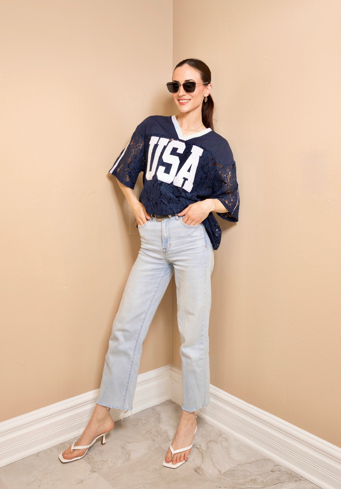 Navy USA Varsity Lace Top