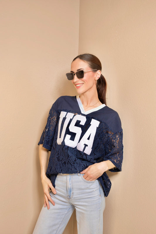 Navy USA Varsity Lace Top